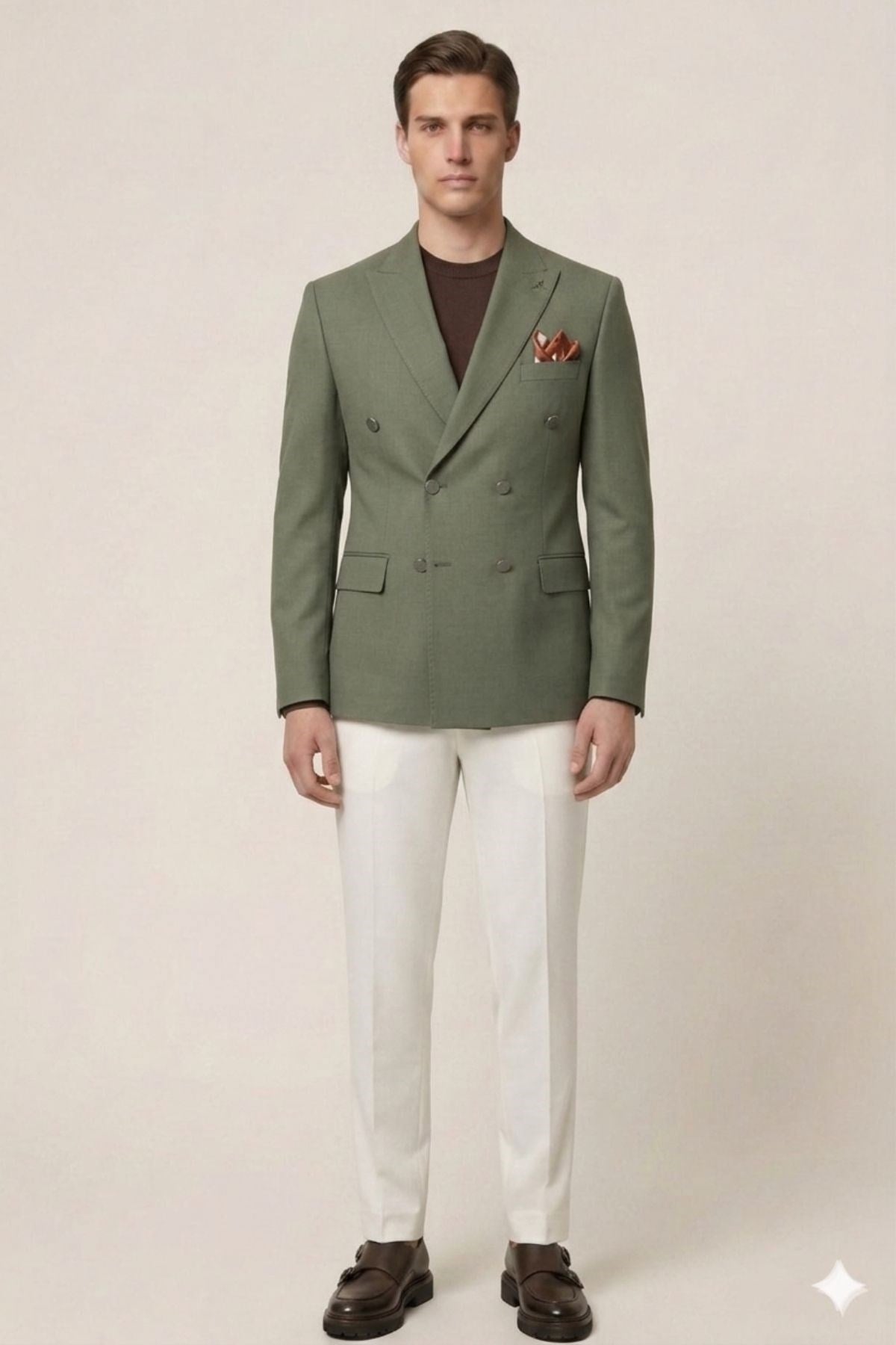 Haki Slim Fit Geniş Yaka Kruvaze Metal Düğmeli Erkek Ceket