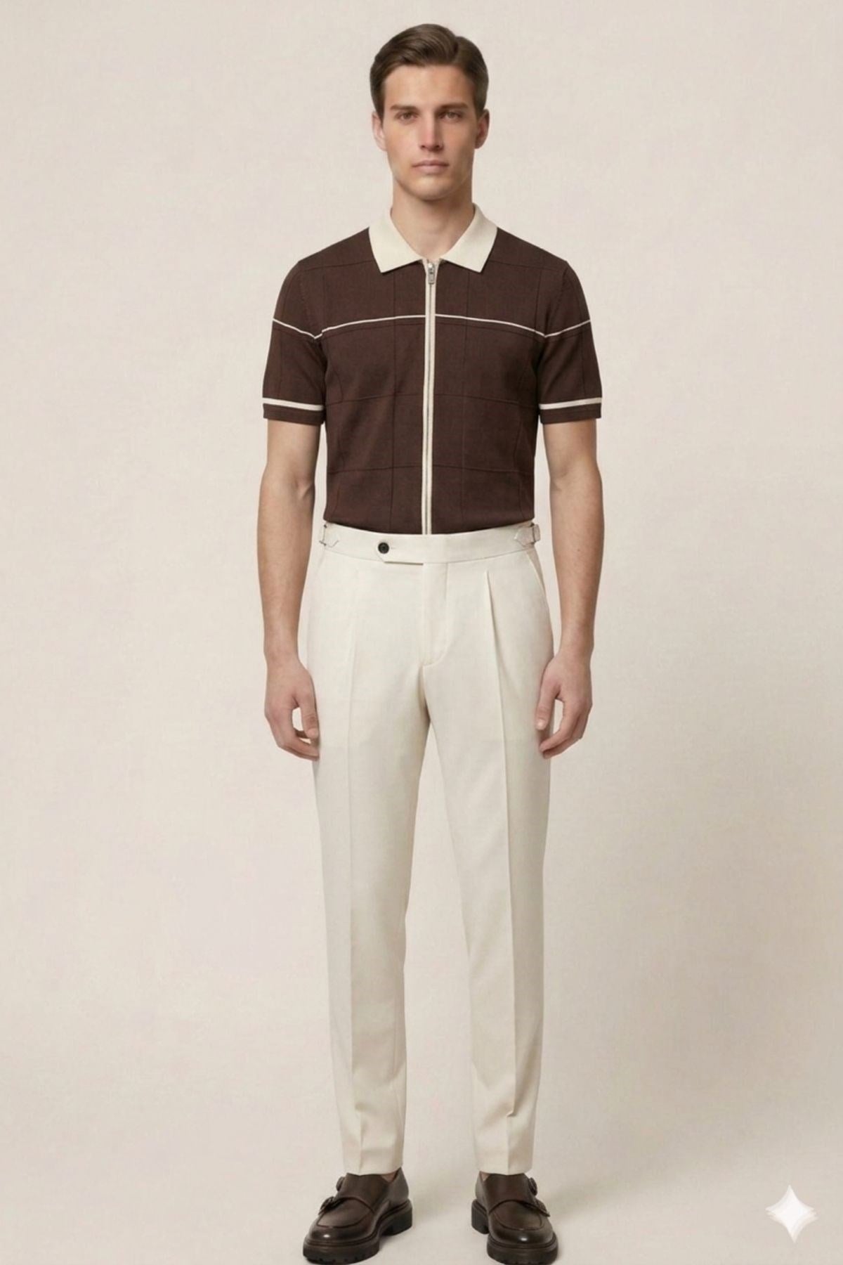 Kahve Slim Fit Polo Yaka Fermuarlı Kısa Kol Erkek Triko T-Shirt