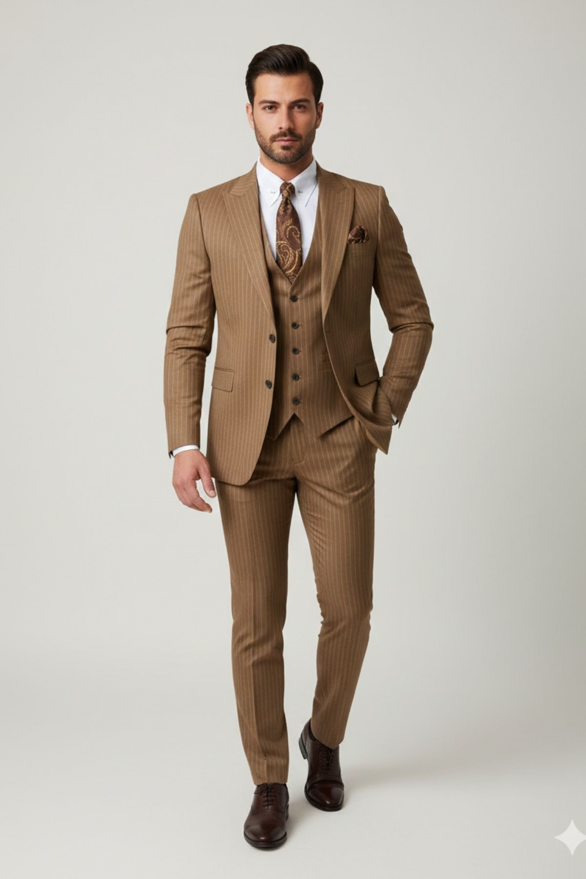 Kahverengi Slim Fit Cizgili Pantolon Yelek Ceket Takım Elbise HT1026