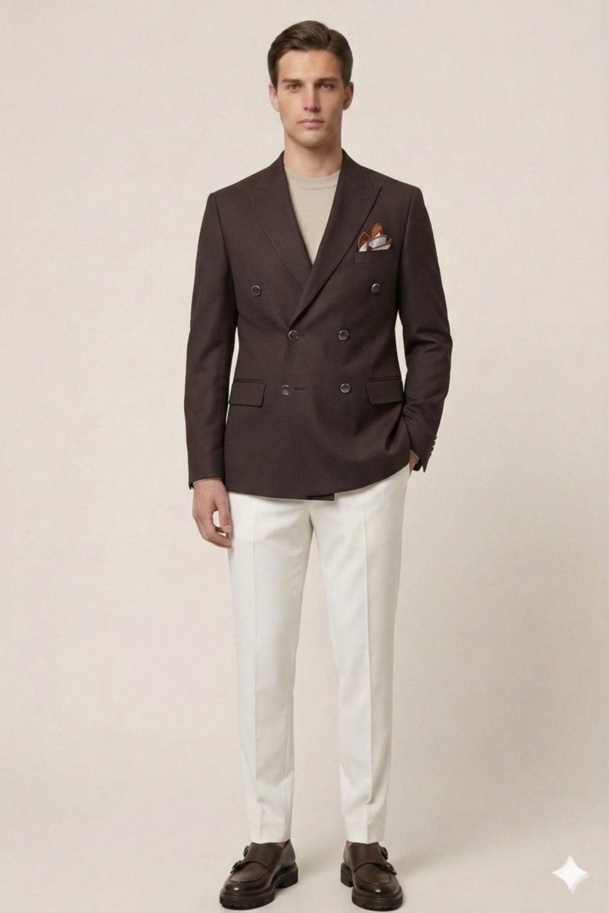 Kahverengi Slim Fit Geniş Yaka Kruvaze Metal Düğmeli Erkek Ceket