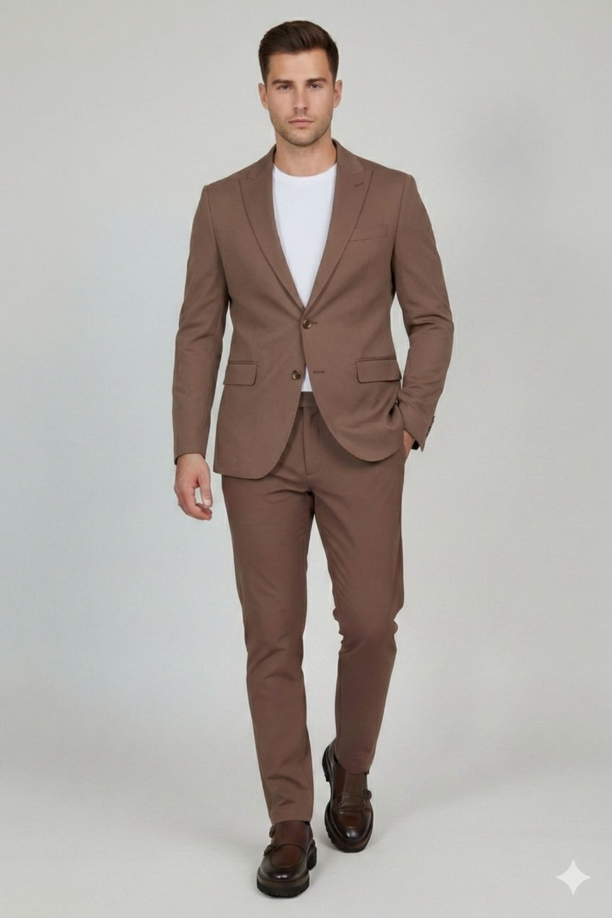 Kahverengi Slim Fit Geniş Yaka Yün Karışımlı Pantolon Ceket Takım Elbise-HT41424-TKM-KHV
