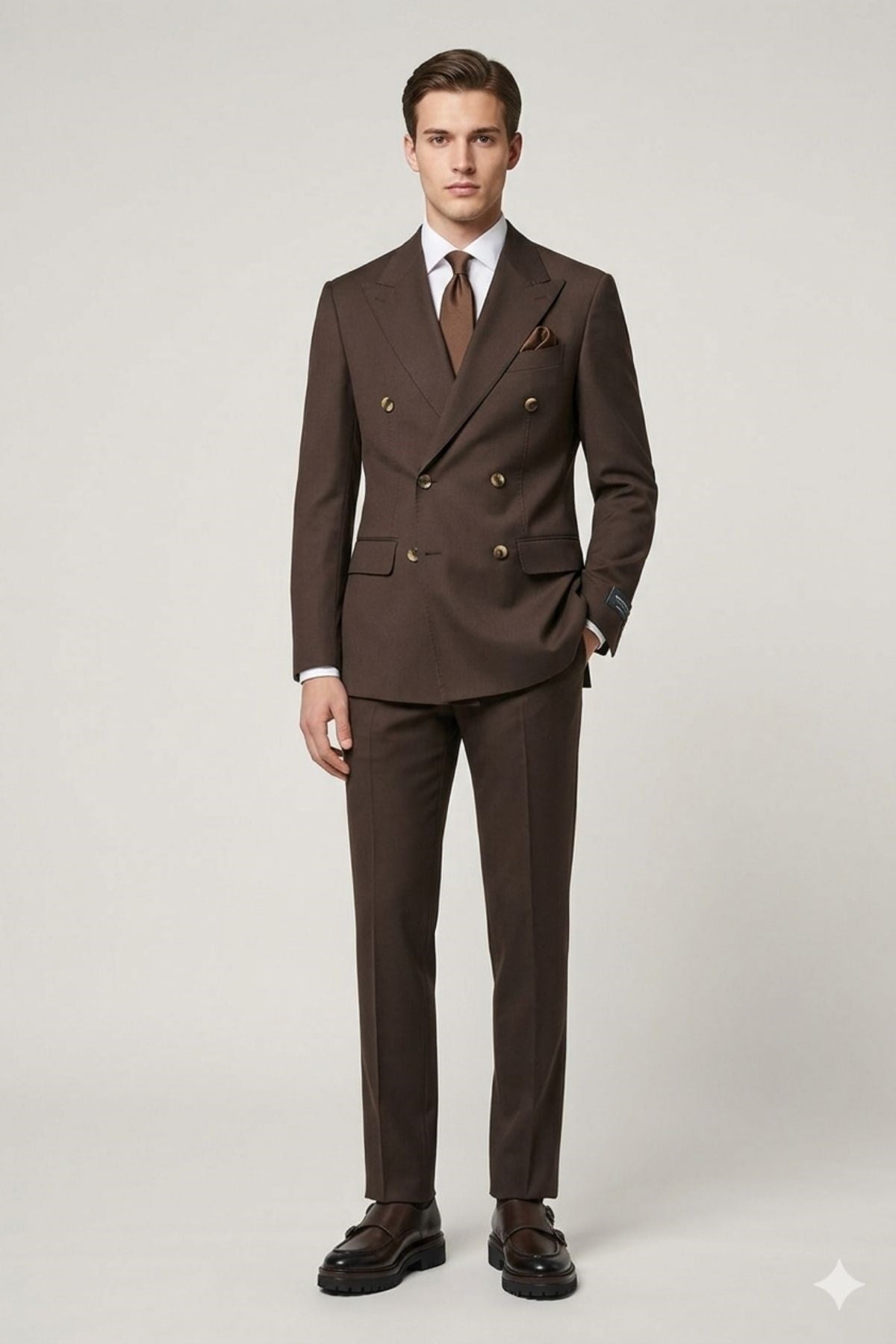 Kahverengi Slim Fit Kruvaze Yaka Pantolon Ceket Takım Elbise HT1027