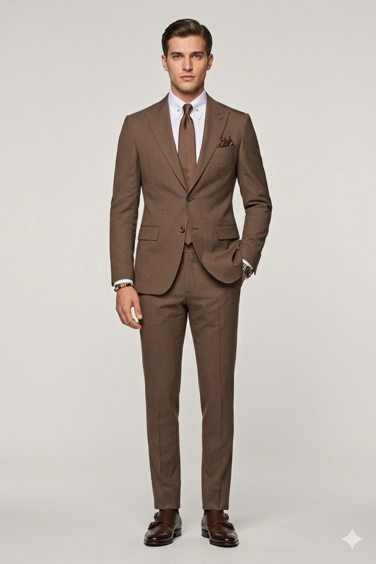 Kahverengi Slim Fit Yelekli Takım Elbise HT1007