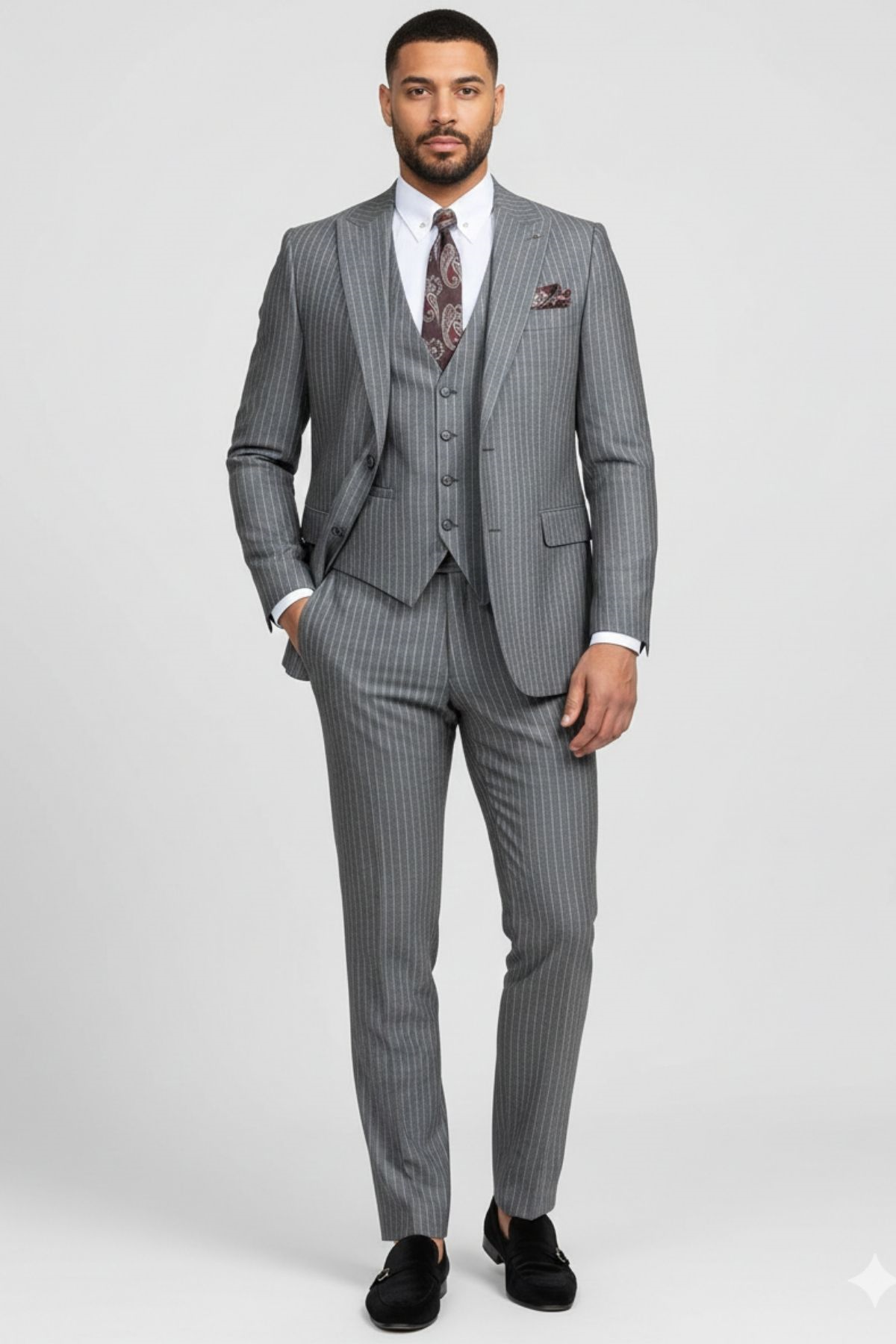 Koyu Gri Slim Fit Cizgili Pantolon Yelek Ceket Takım Elbise HT1026