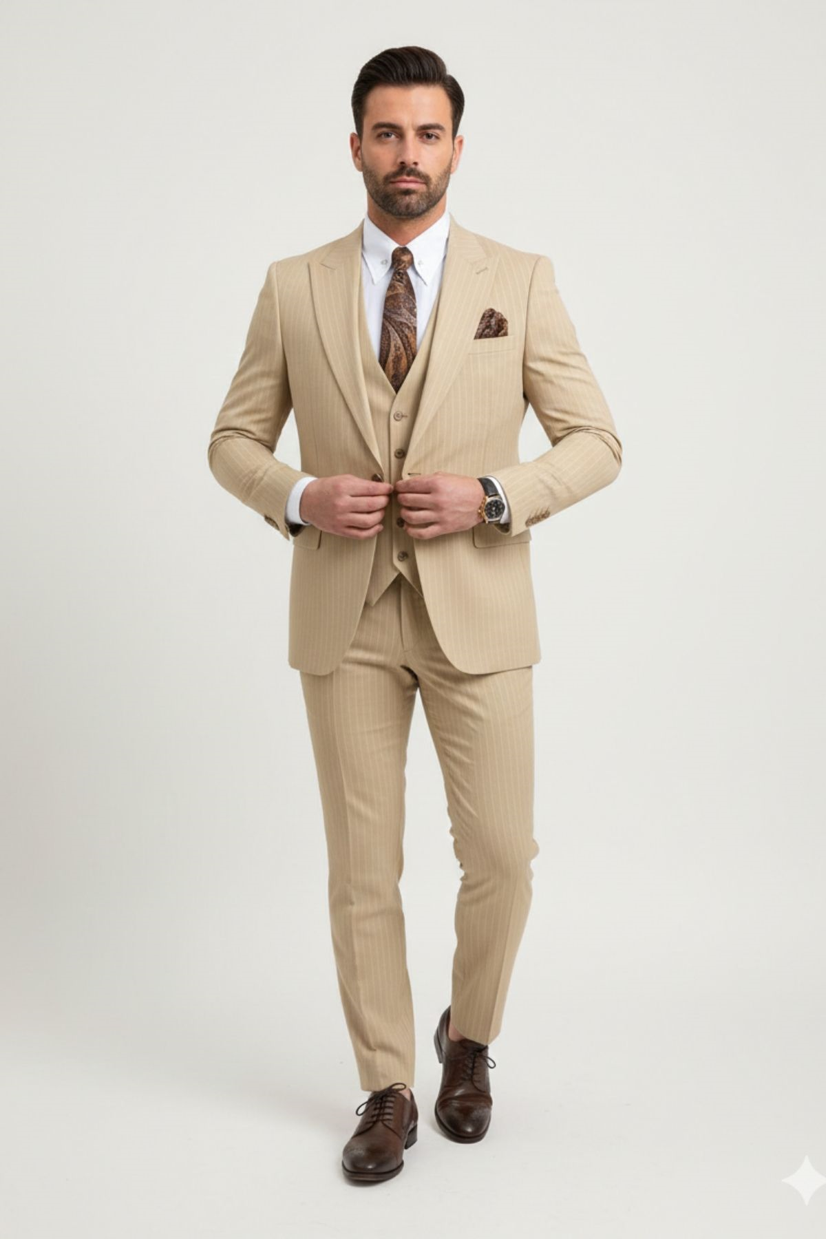 Krem Slim Fit Cizgili Pantolon Yelek Ceket Takım Elbise HT1026