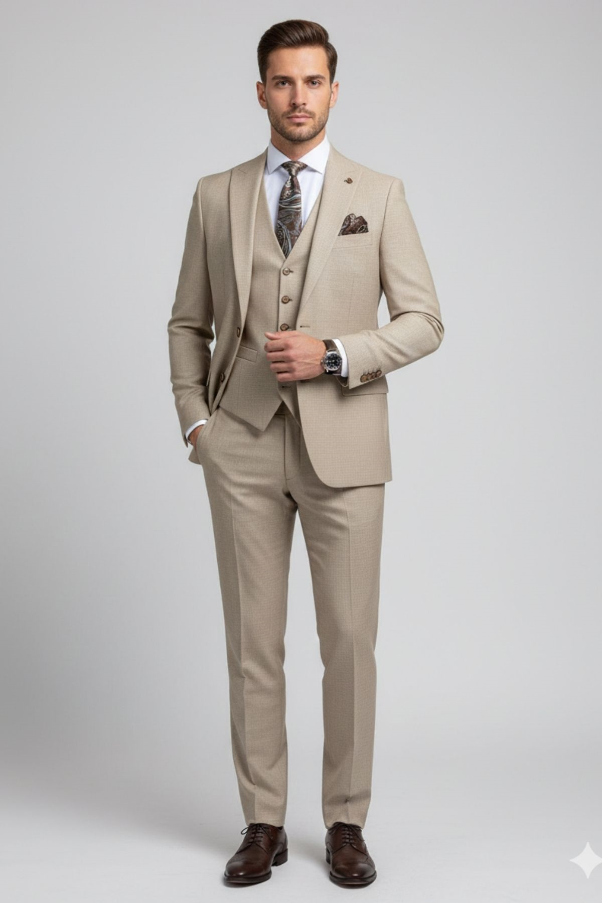 Krem Slim Fit Yelekli Takım Elbise HT1008