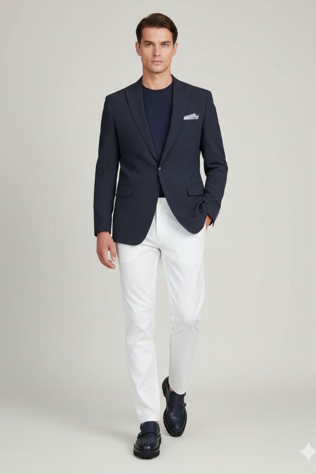 Lacivert Slim Fit Geniş Yaka Yün Karışımlı Erkek Ceket