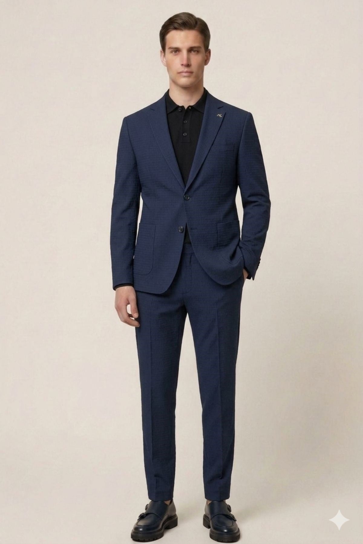 Lacivert Slim Fit Mono Yaka Dokulu Erkek Ceket