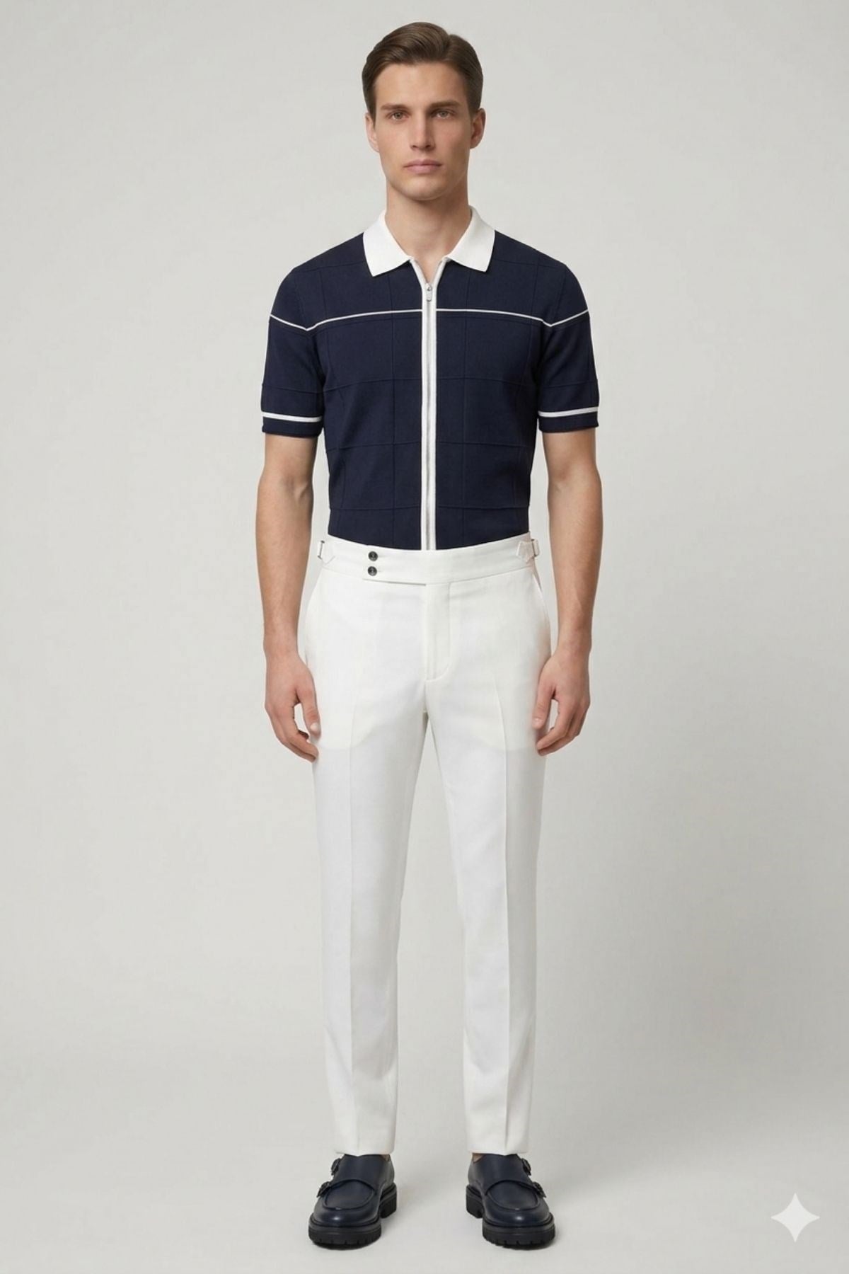 Lacivert Slim Fit Polo Yaka Fermuarlı Kısa Kol Erkek Triko T-Shirt