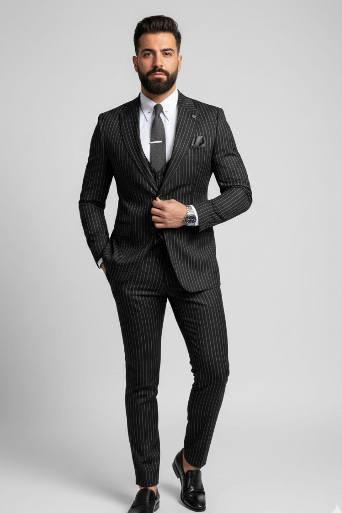 Black Slim Fit Striped Trousers Vest Jacket Suit HT1026