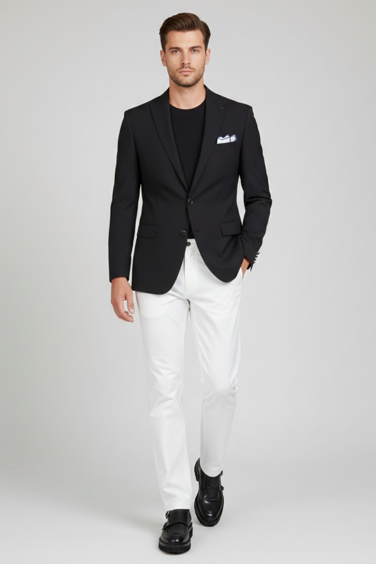Siyah Slim Fit Geniş Yaka Yün Karışımlı Erkek Ceket-HT41424-CKT-SYH