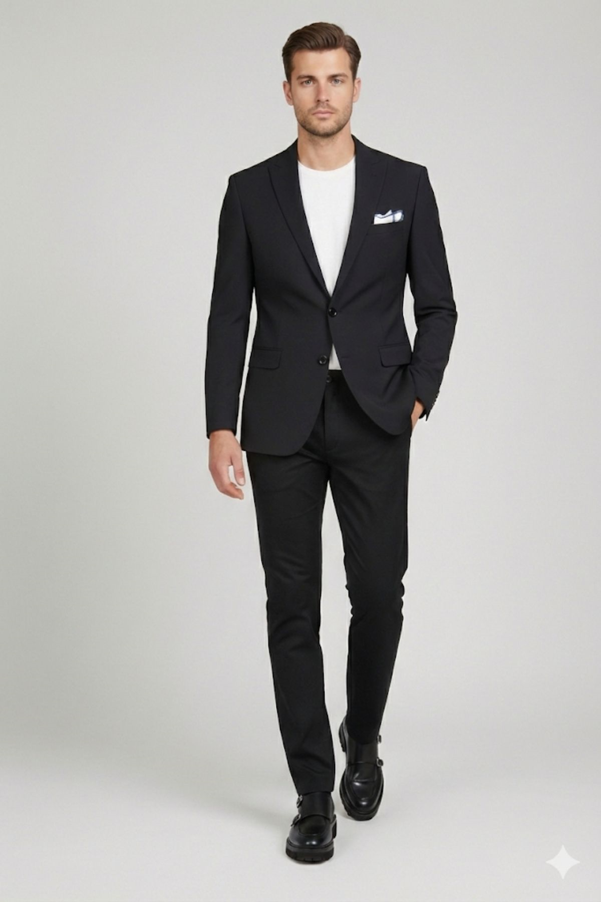 Siyah Slim Fit Geniş Yaka Yün Karışımlı Pantolon Ceket Takım Elbise-HT41424-TKM-SYH