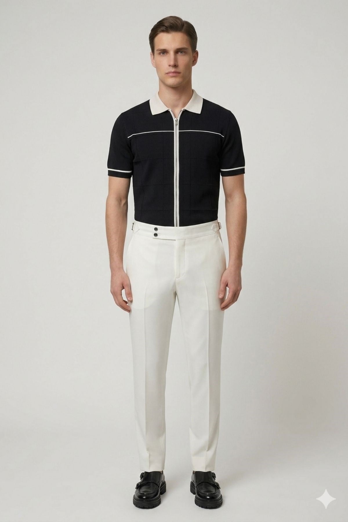 Siyah Slim Fit Polo Yaka Fermuarlı Kısa Kol Erkek Triko T-Shirt