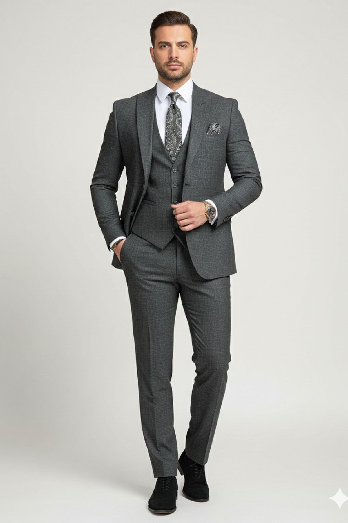 Slim Fit Trousers Vest Jacket Suit HT1018-Black