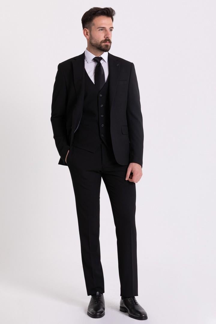 Siyah Yün ve Elastan Kumaşlı Tek Yaka Klasik Slim Fit Erkek Takım Elbise