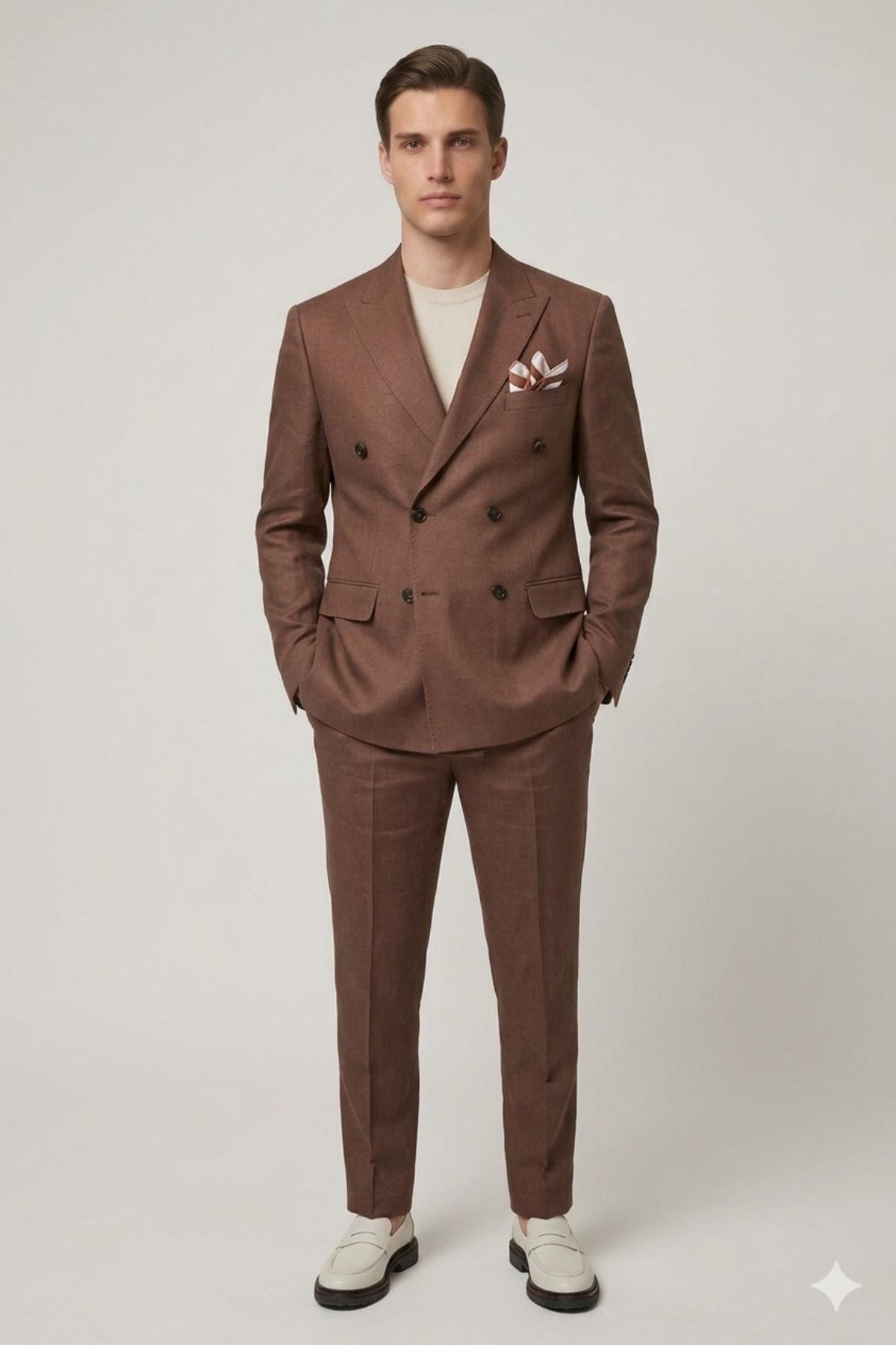 Slim Fit Geniş Yaka Kruvaze Keten Erkek Ceket