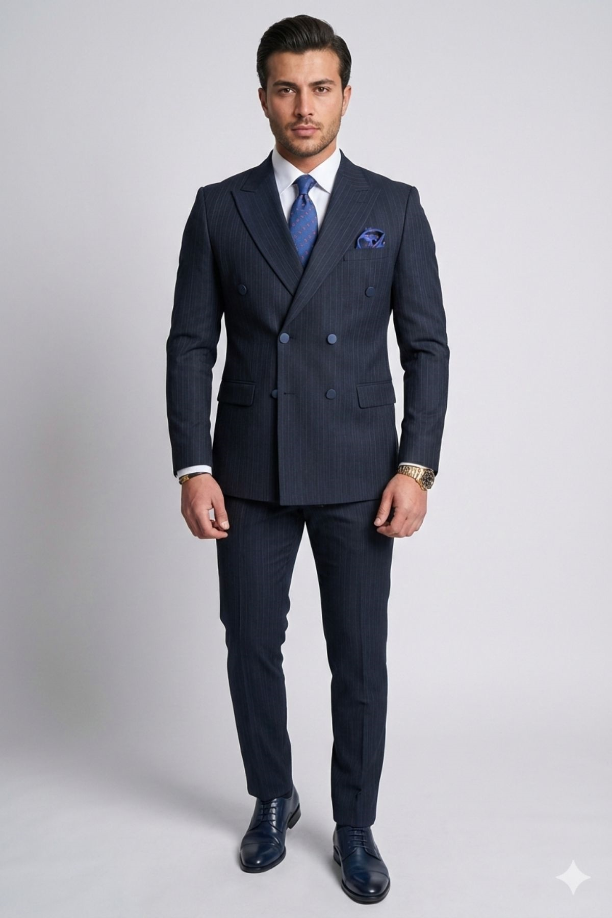 Slim Fit Kruvaze Yaka Çizgili Takım Elbise - Lacivert