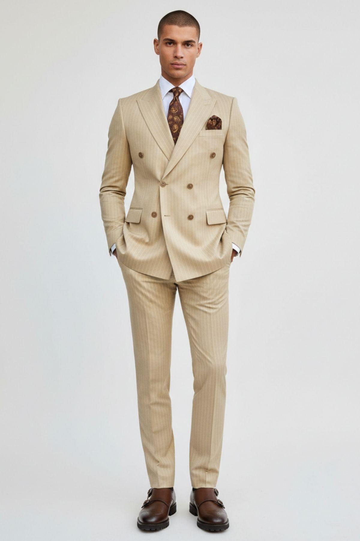 Slim Fit Kruvaze Yaka Pantolon Ceket Çizgili Takım Elbise HT1030-KREM