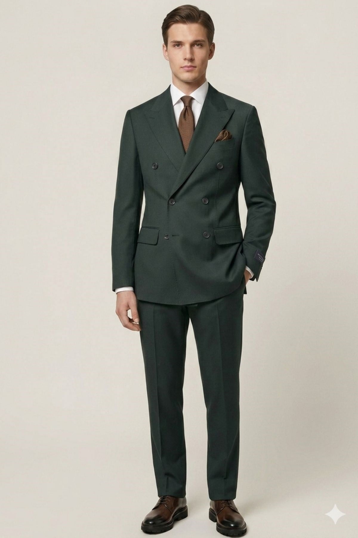 Slim Fit Kruvaze Yaka Pantolon Ceket Takım Elbise HT1028-HAKİ