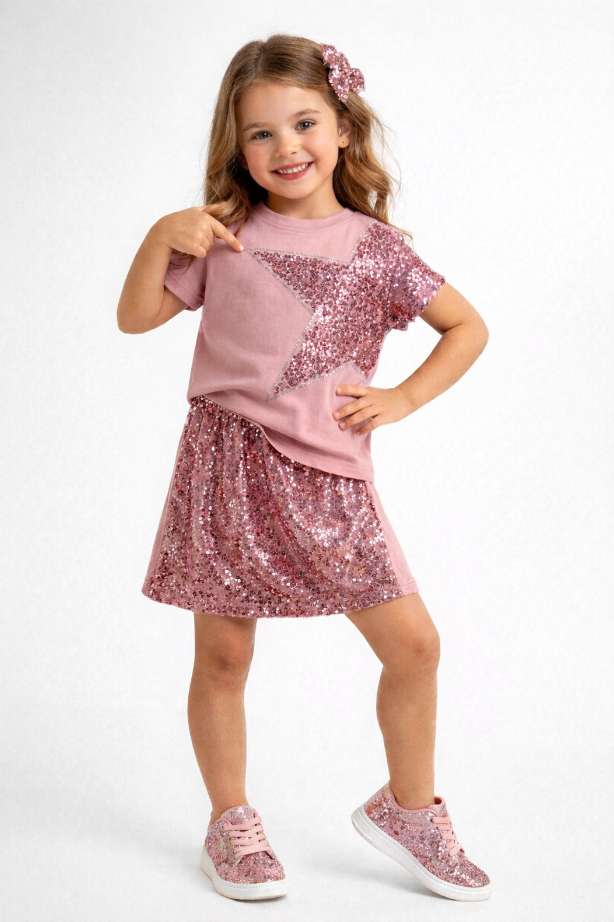 4-10 Payetli Yıldız Detay Şort Etekli Kız Çocuk Takım Gül Kurusu