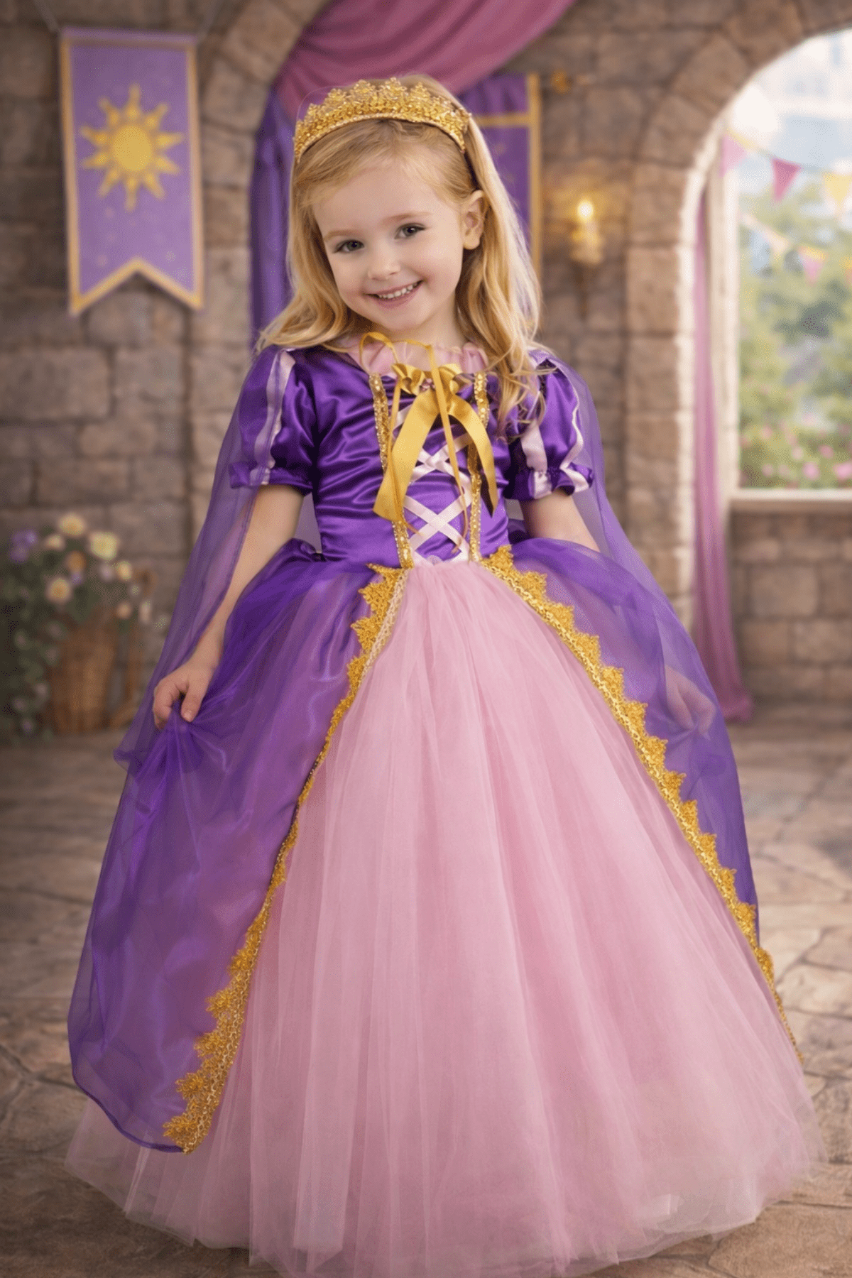 Rapunzel Uzun Kız Çocuk Kostüm