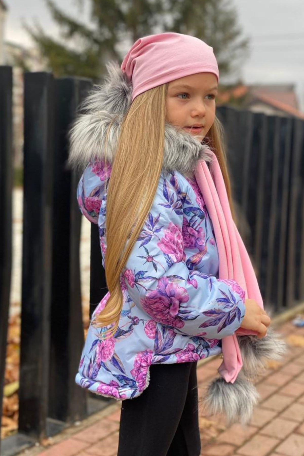 Çiçek Desen Kız Çocuk Mont Atkı Bere Seti