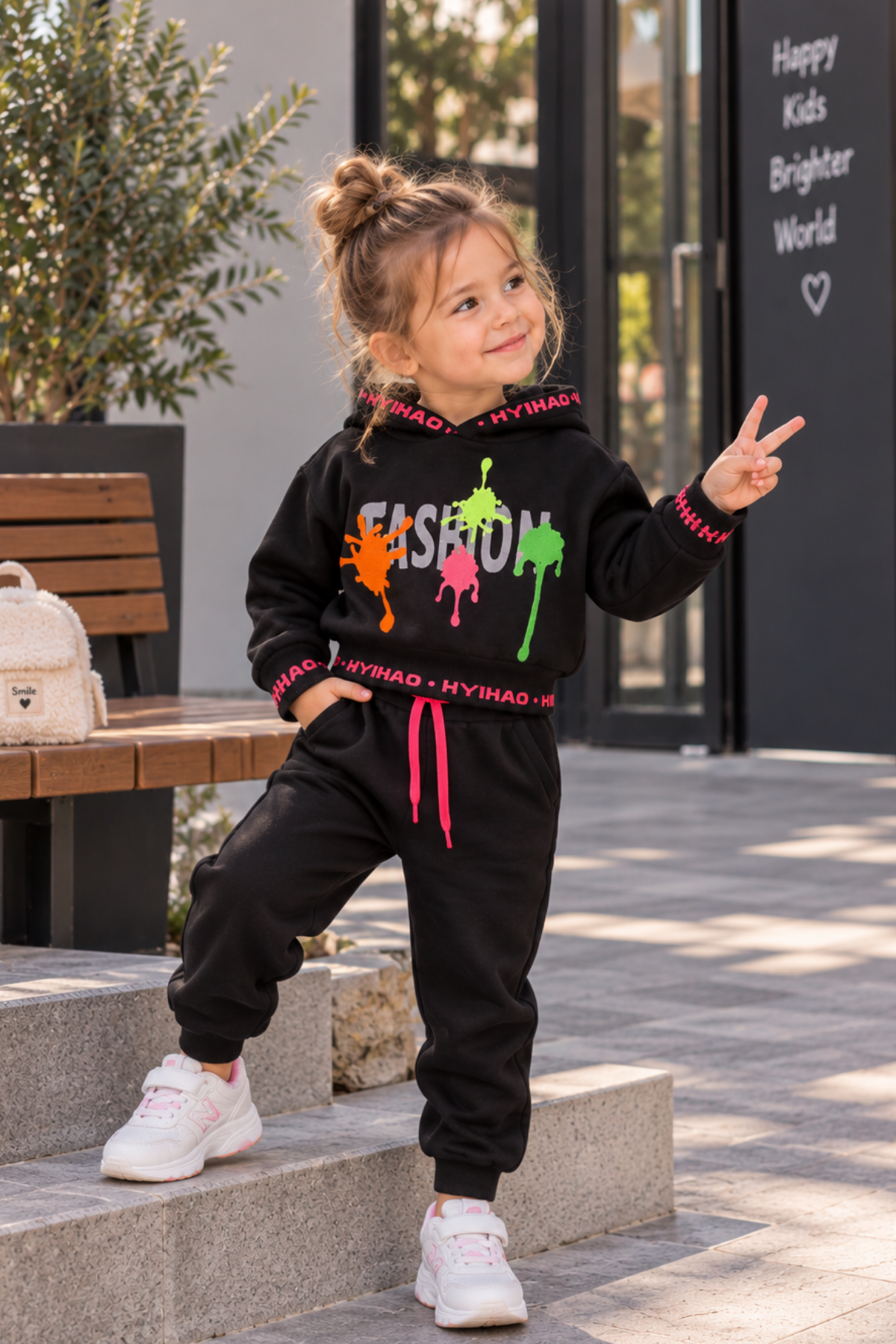 Fashion East Neon Detay Fileli Kız Çocuk Eşofman Takımı Siyah
