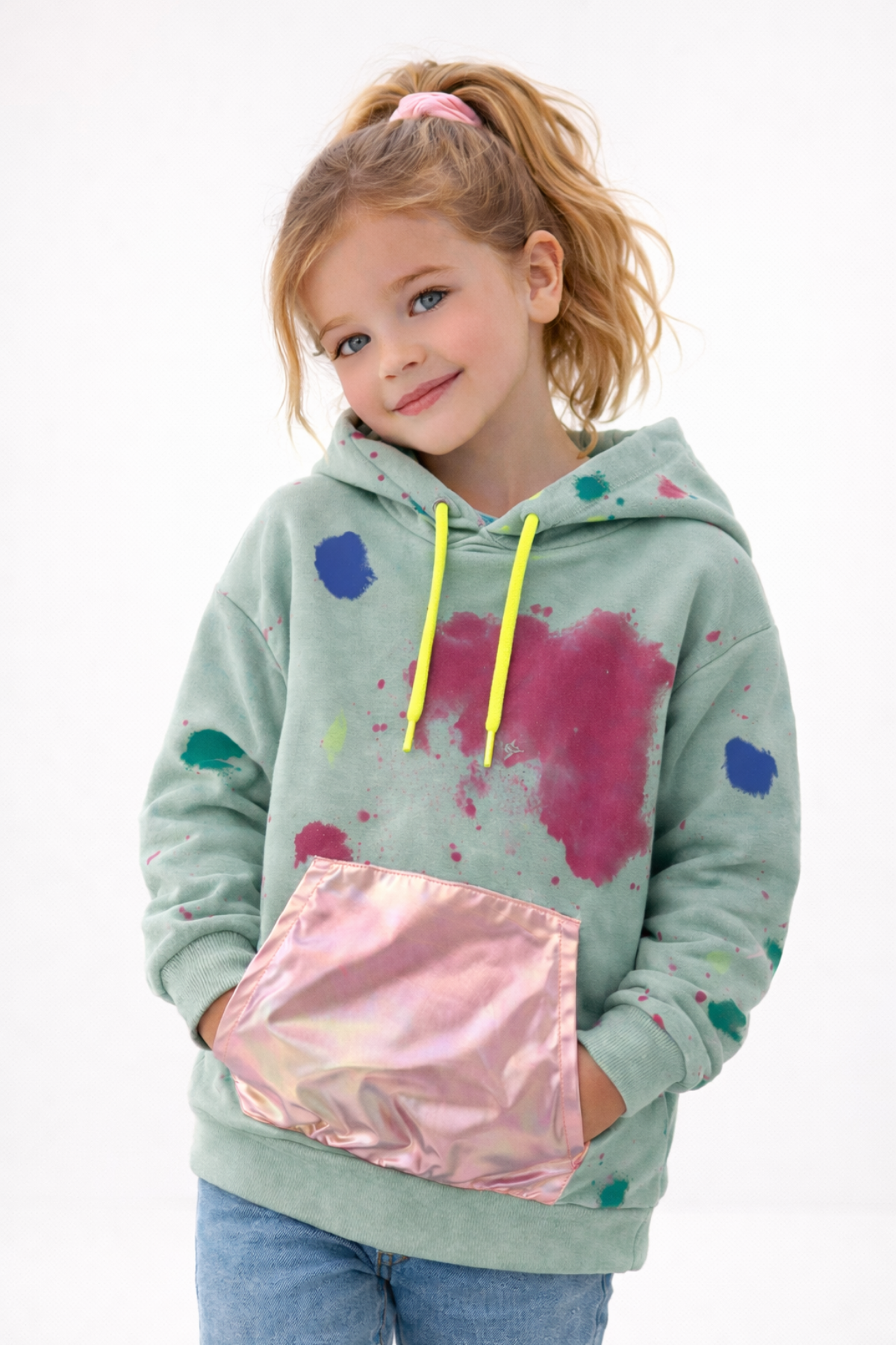 6-9 Yaş Batik Desen Kapüşonlu Kız Çocuk Sweat Yeşil