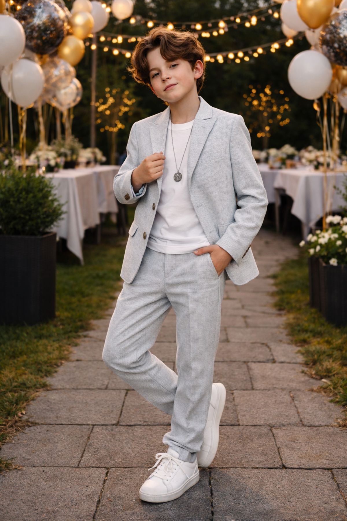 3-14 Yaş Vega Premium Çizgili Kolyeli Keten Çocuk Takım Elbise Mavi