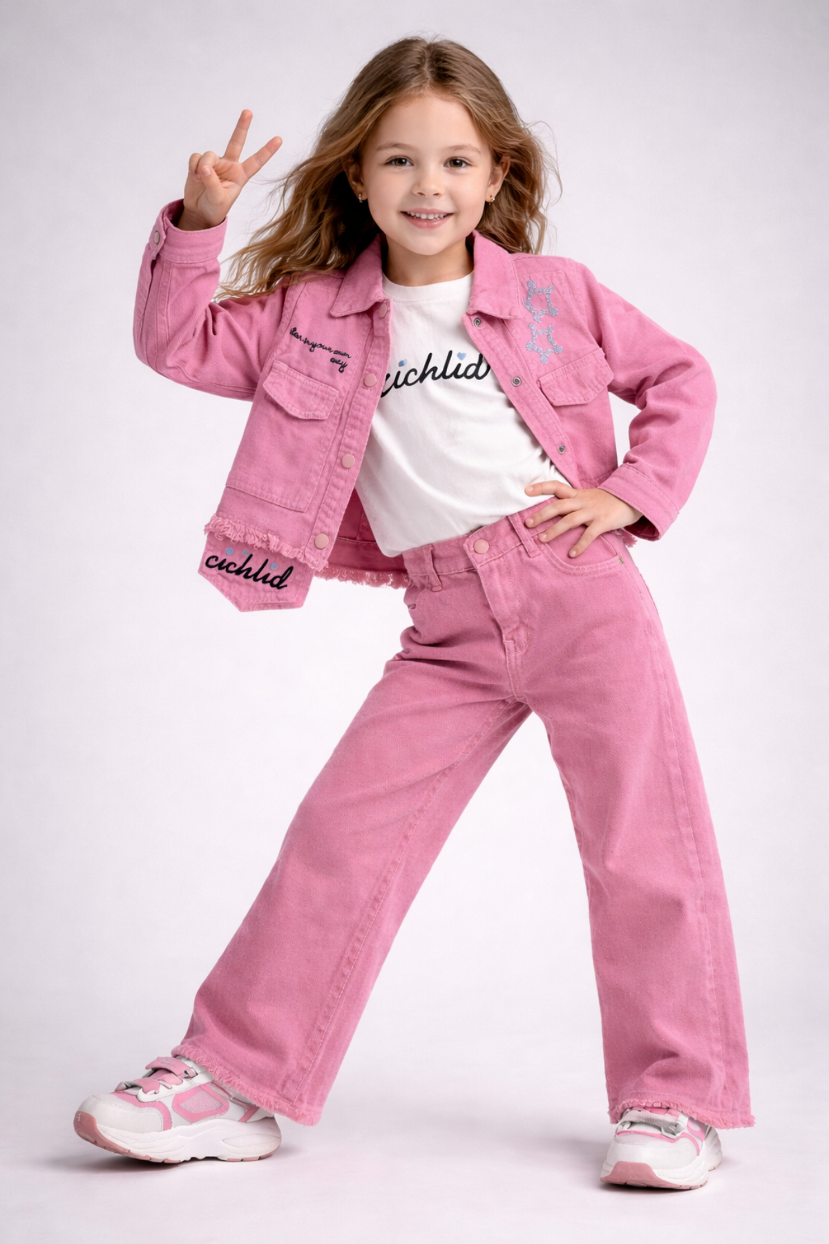 4-8 Yaş Yıldız Nakışlı Ceketli Gabardin 3lü Kız Çocuk Takım Pembe