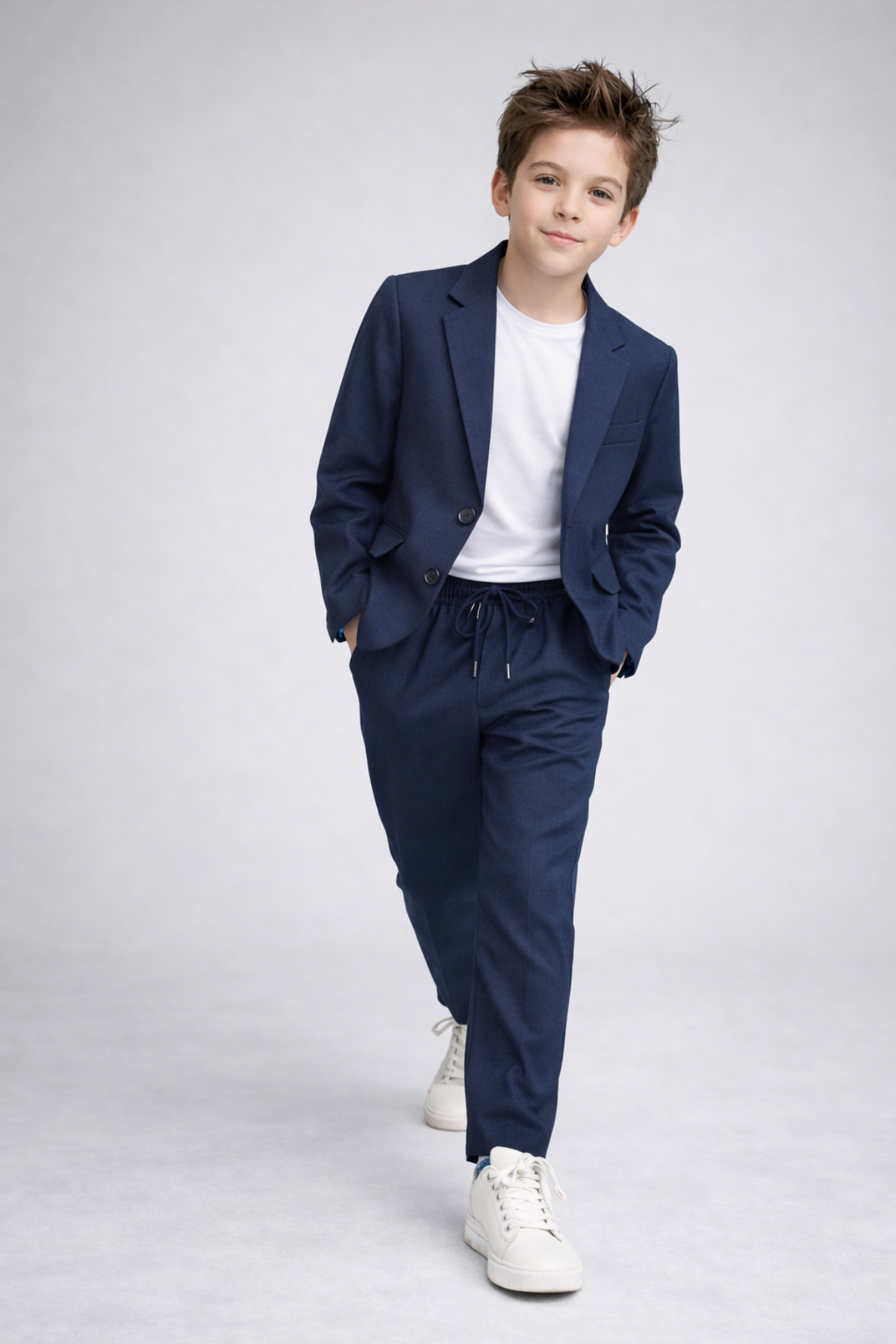 2-13 Yaş Premium Tişörtlü Başak Doku Keten Çocuk Takım Elbise Lacivert