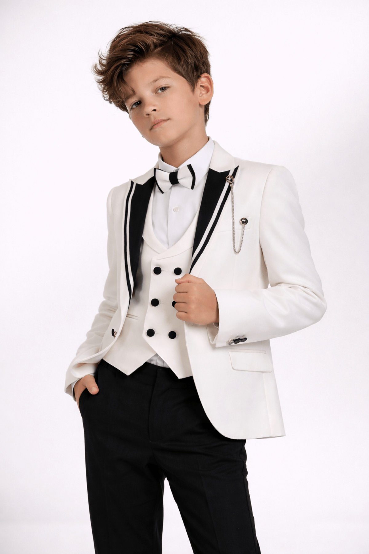 3-14 Yaş Premium Yeleği Katlamalı Erkek Çocuk Damatlık Krem