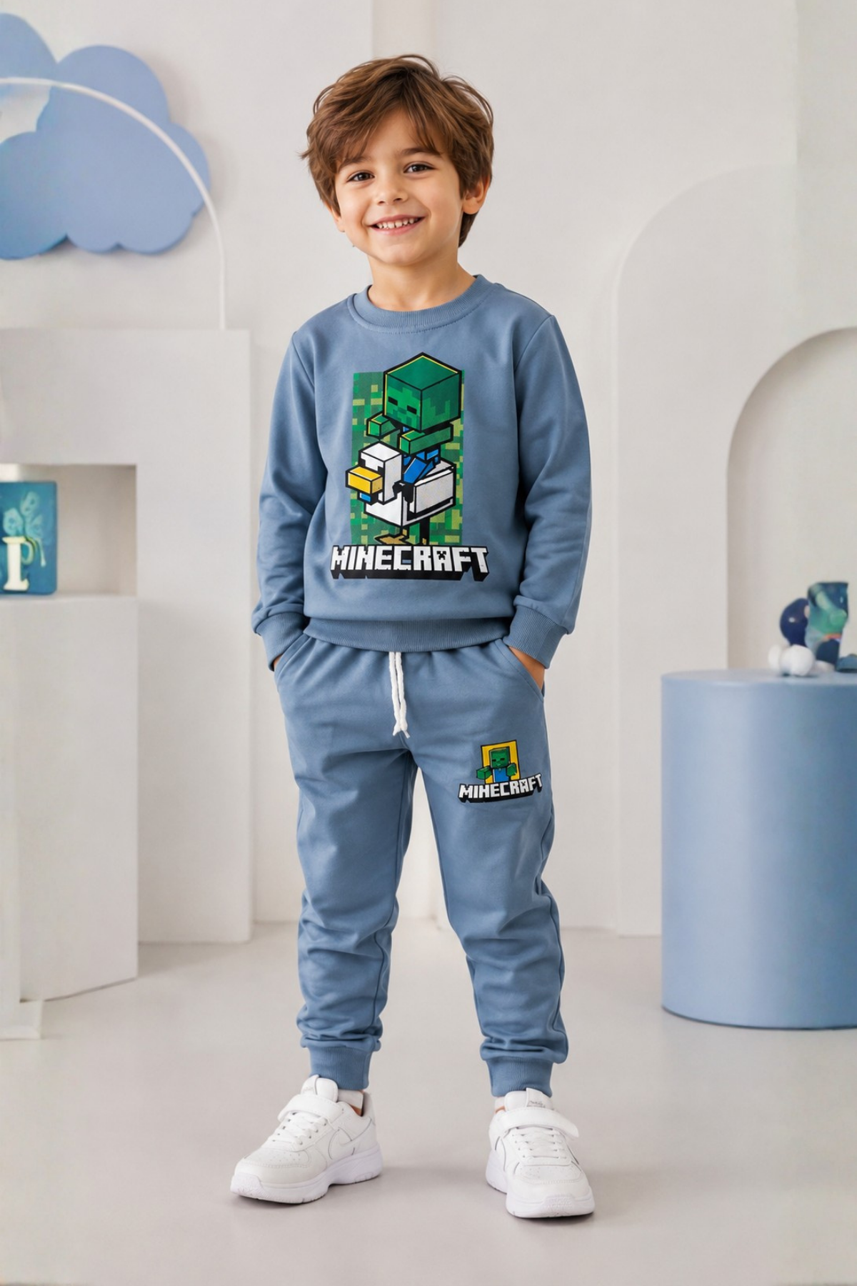 3-10 Mncraft Erkek Çocuk Eşofman Takımı Mavi