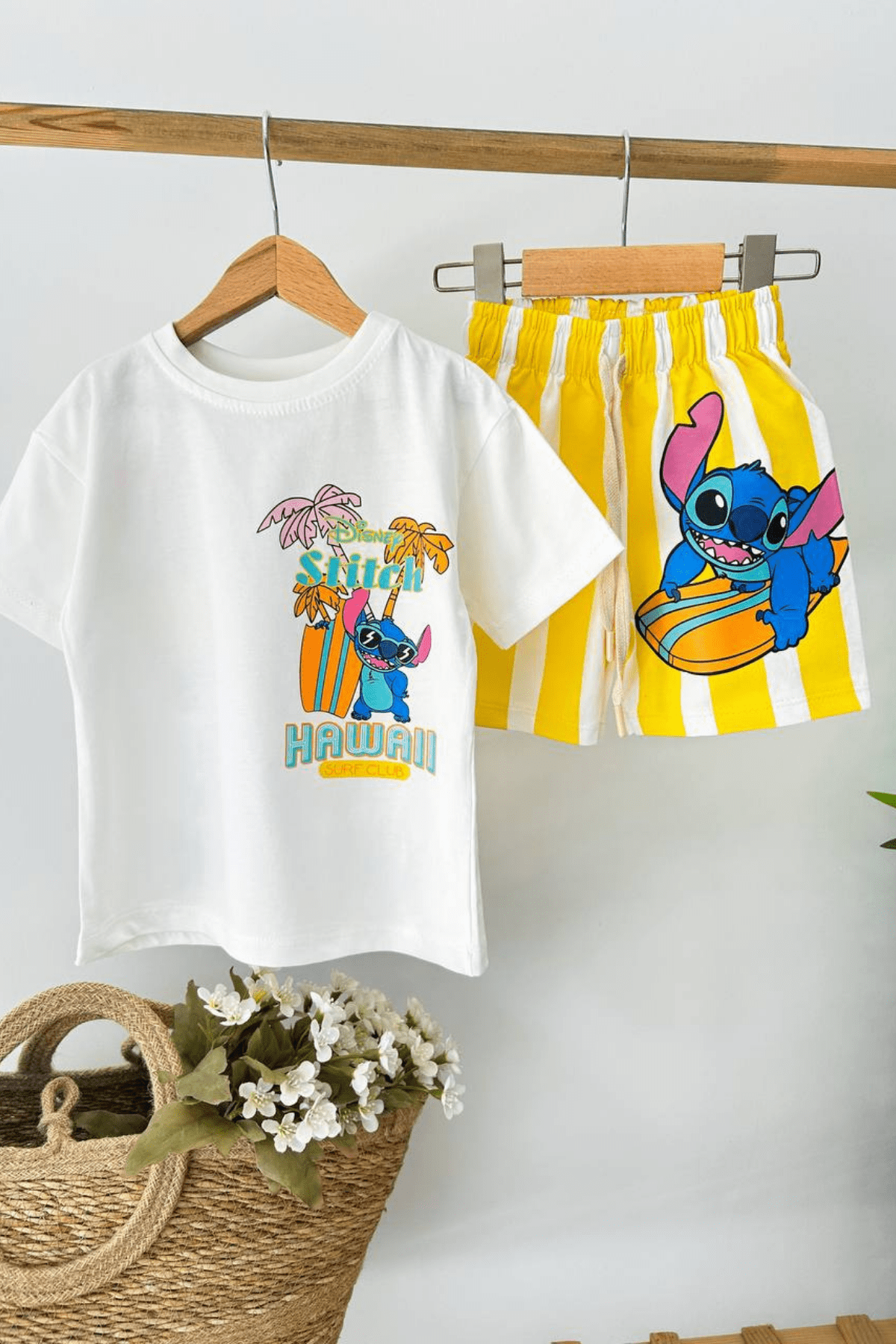 2-8 Yaş Stitch Baskılı Şortlu Erkek Çocuk Takım Sarı