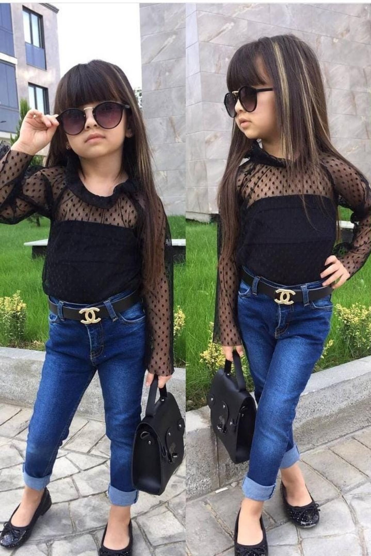 Üst Güpür Bluz Alt Kot Pantolon Kemerli Kız Çocuk Takım 