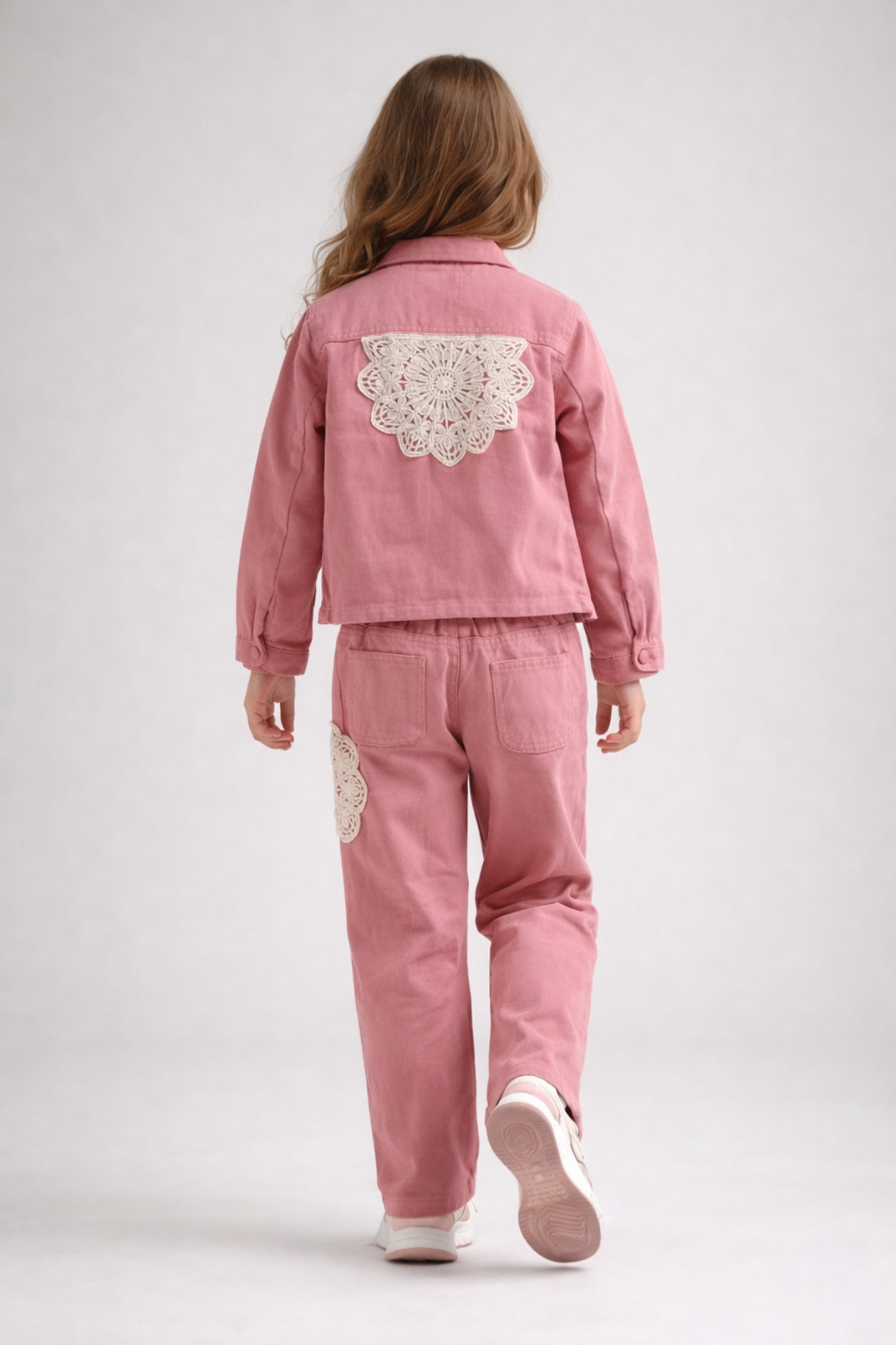 4-8 Yaş Örgü Aplikeli Gabardin Kız Çocuk Takım Gül Kurusu