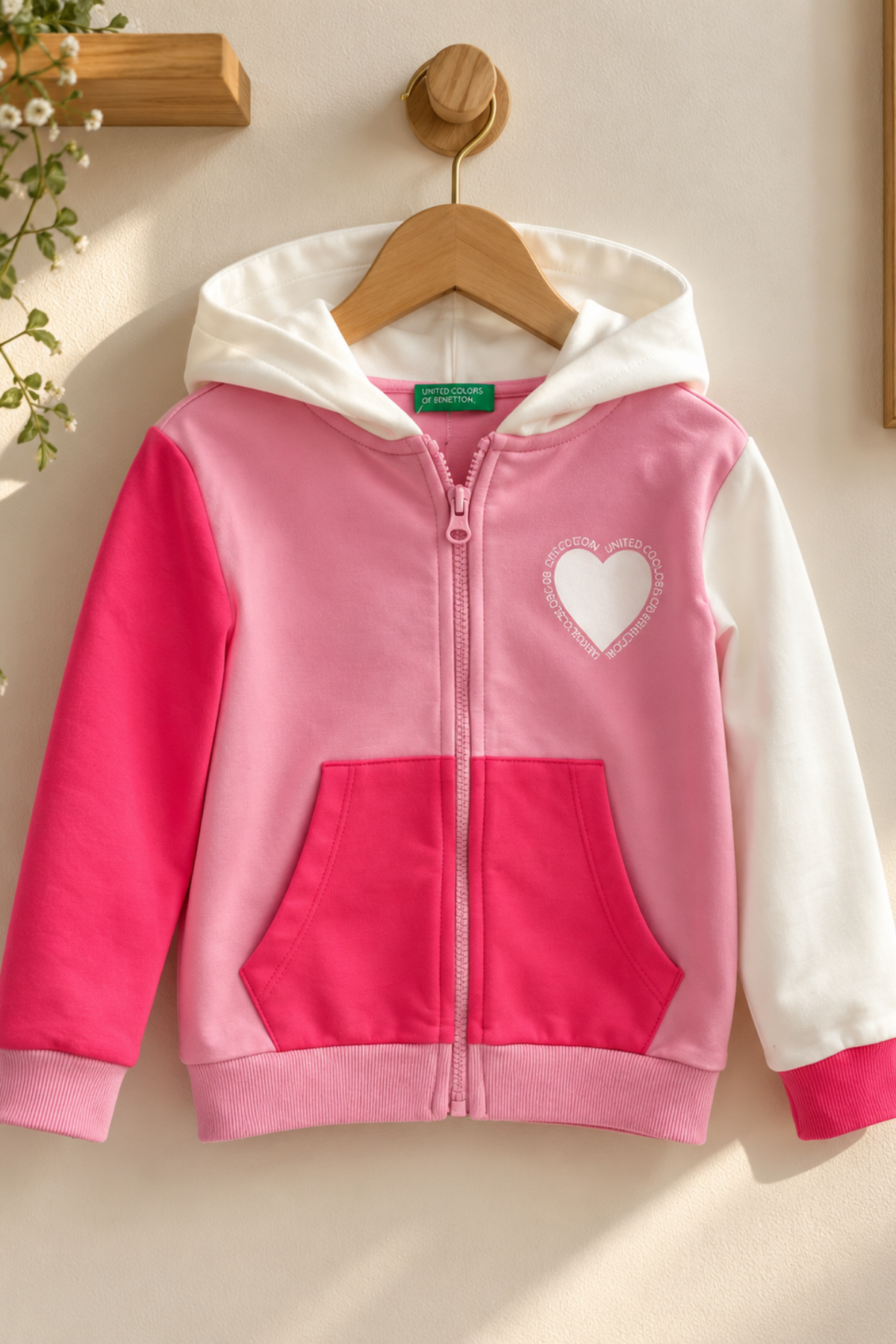 4-14 Yaş Benetton Kalp Baskılı Fermuarlı Kapüşonlu Kız Çocuk Sweatshirt Pembe