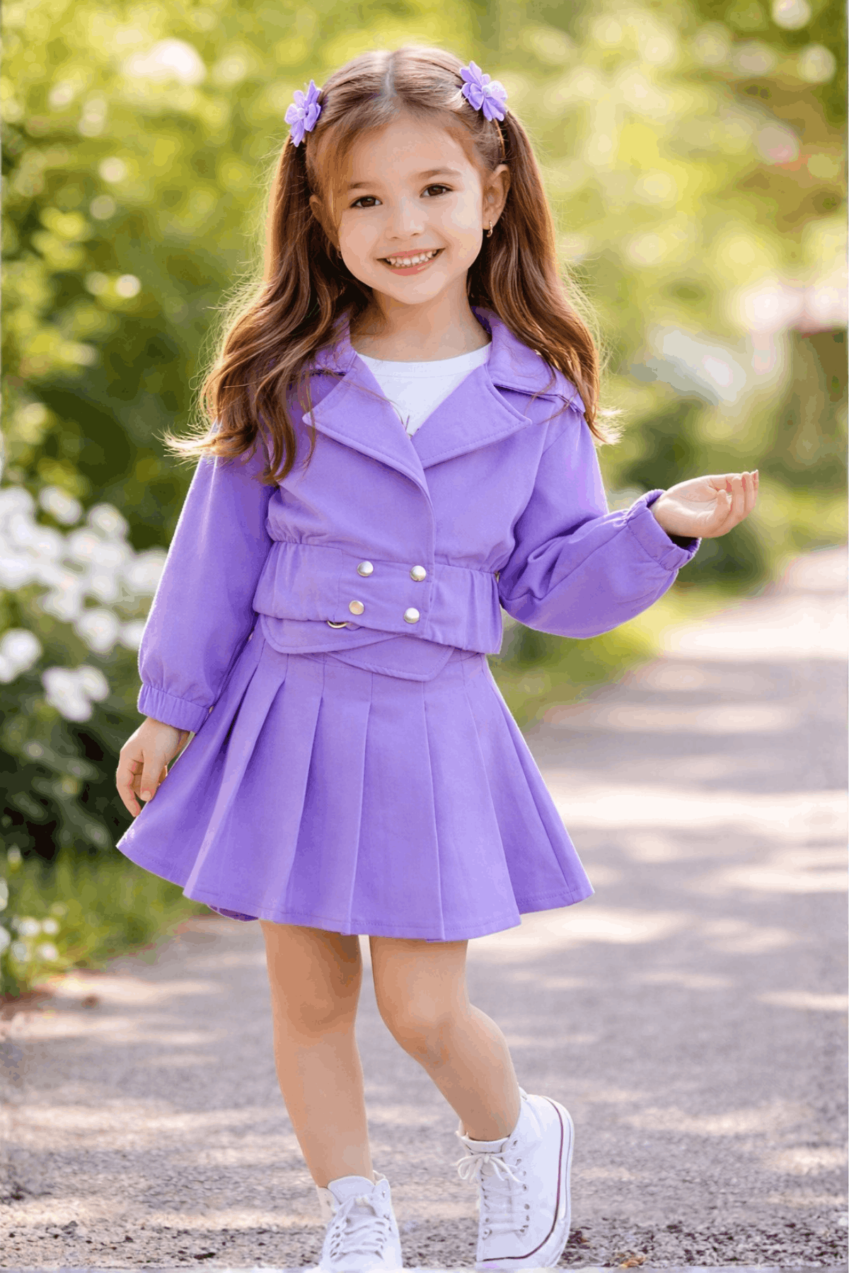 3-10 Yaş Double Çıtçıtlı Etek Tişört Ceket Takım Lila