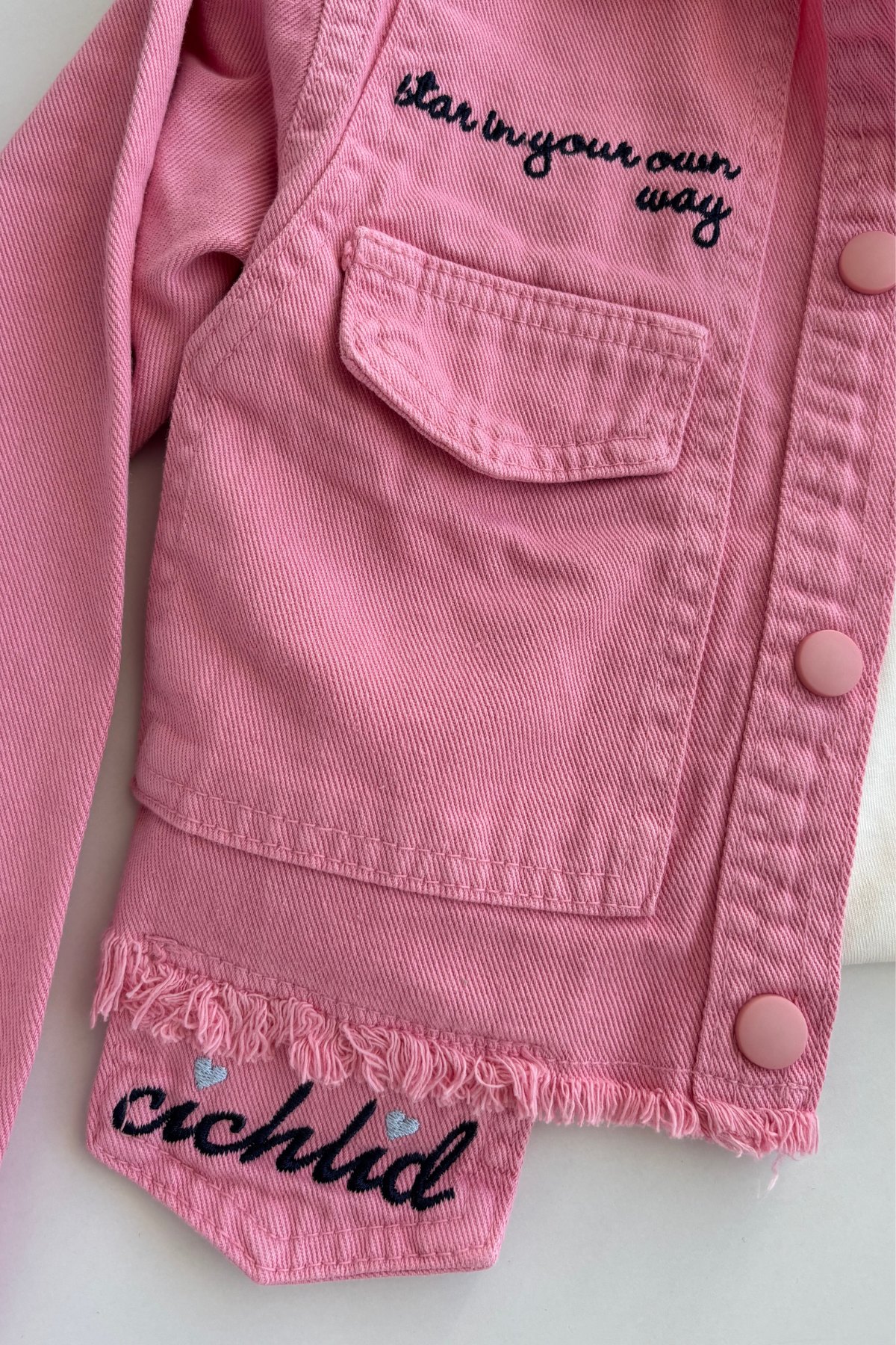 4-8 Yaş Yıldız Nakışlı Ceketli Gabardin 3lü Kız Çocuk Takım Pembe