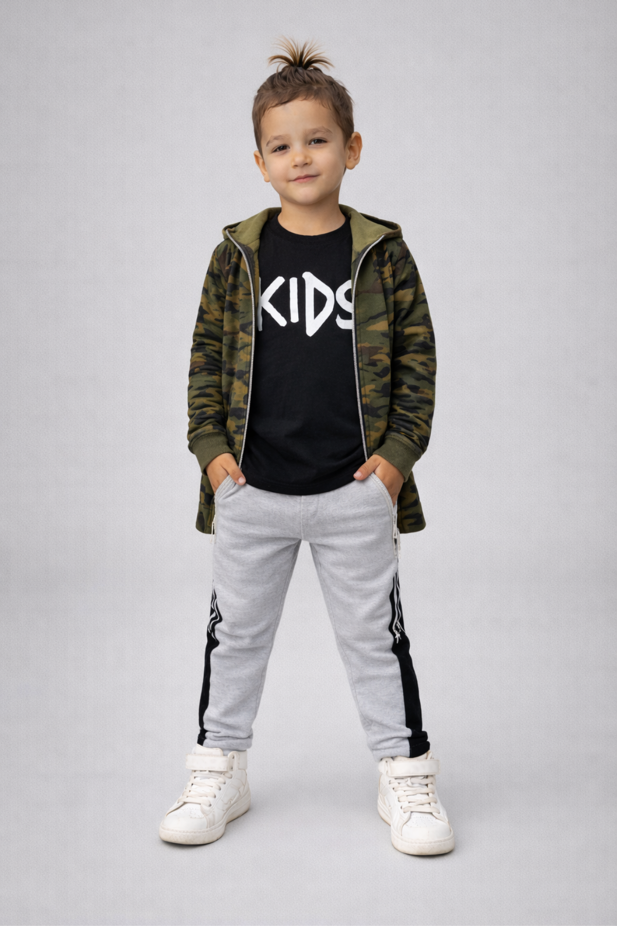 Kids Kamuflaj Kapüşonlu Ceketli 3lü Erkek Çocuk Takım