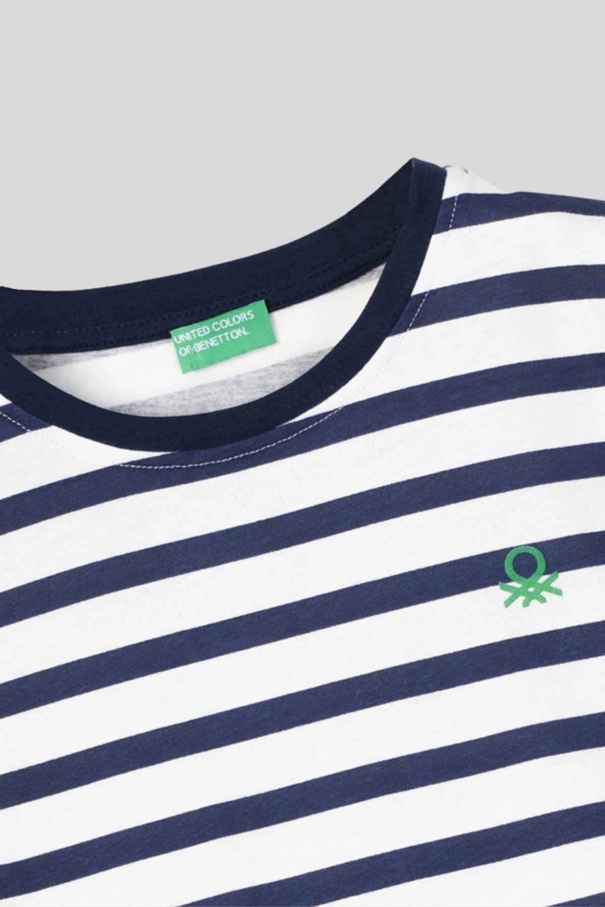 4-14 Yaş Benetton Bisiklet Yaka Çizgili Erkek Çocuk Tshirt Lacivert