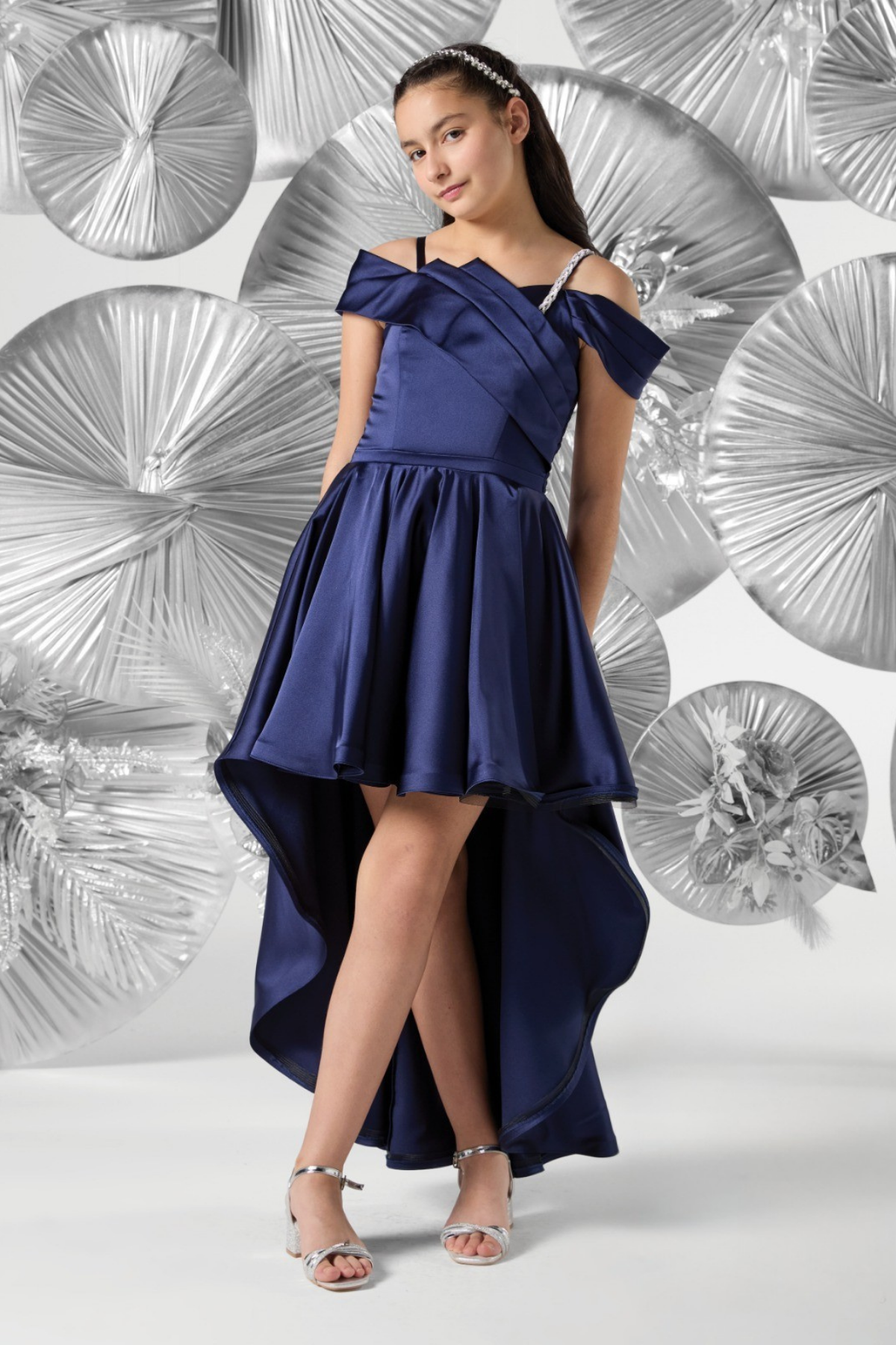 10-15 Silva Askısı Taş Detay Önü Kısa Kız Çocuk Abiye Elbise Lacivert