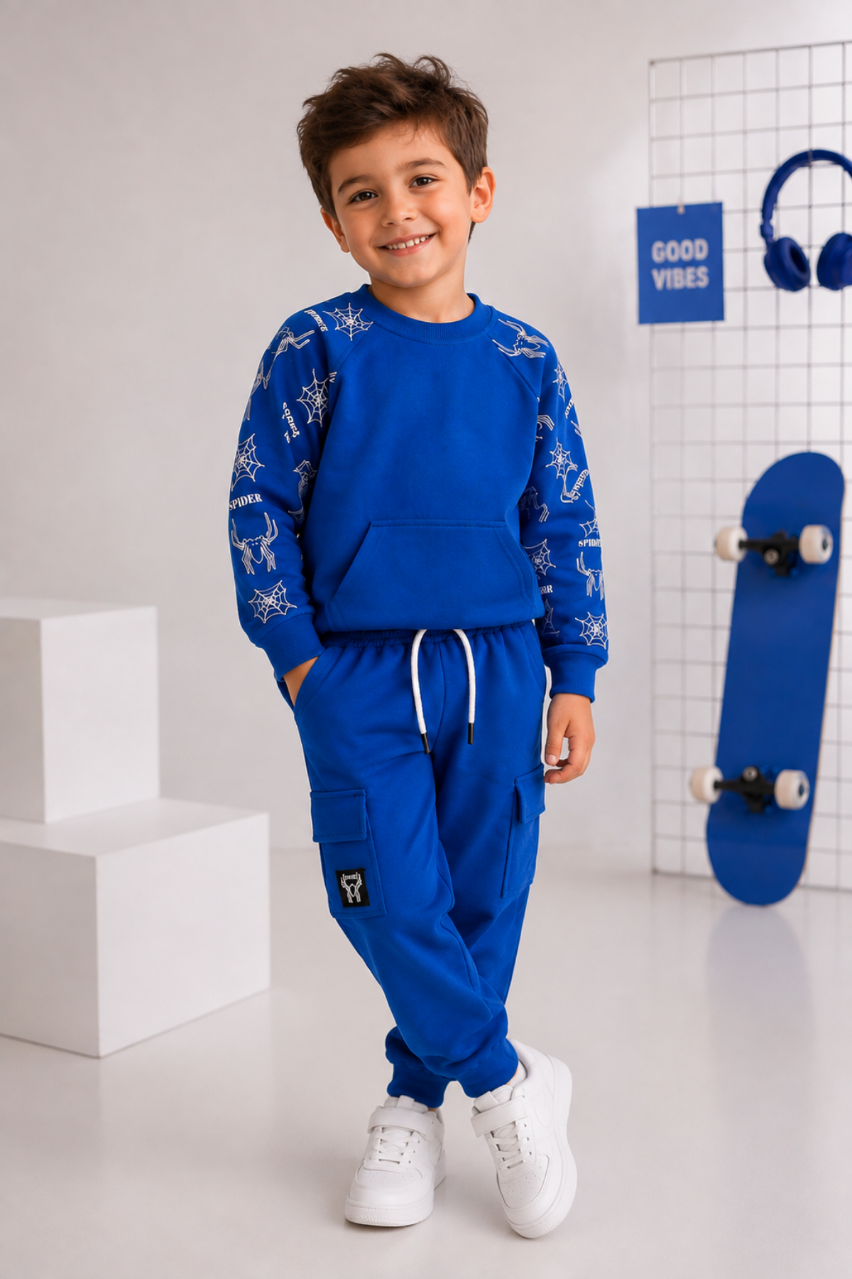 7-10 Yaş Kolları Ağ Desen Çocuk Eşofman Takımı Mavi