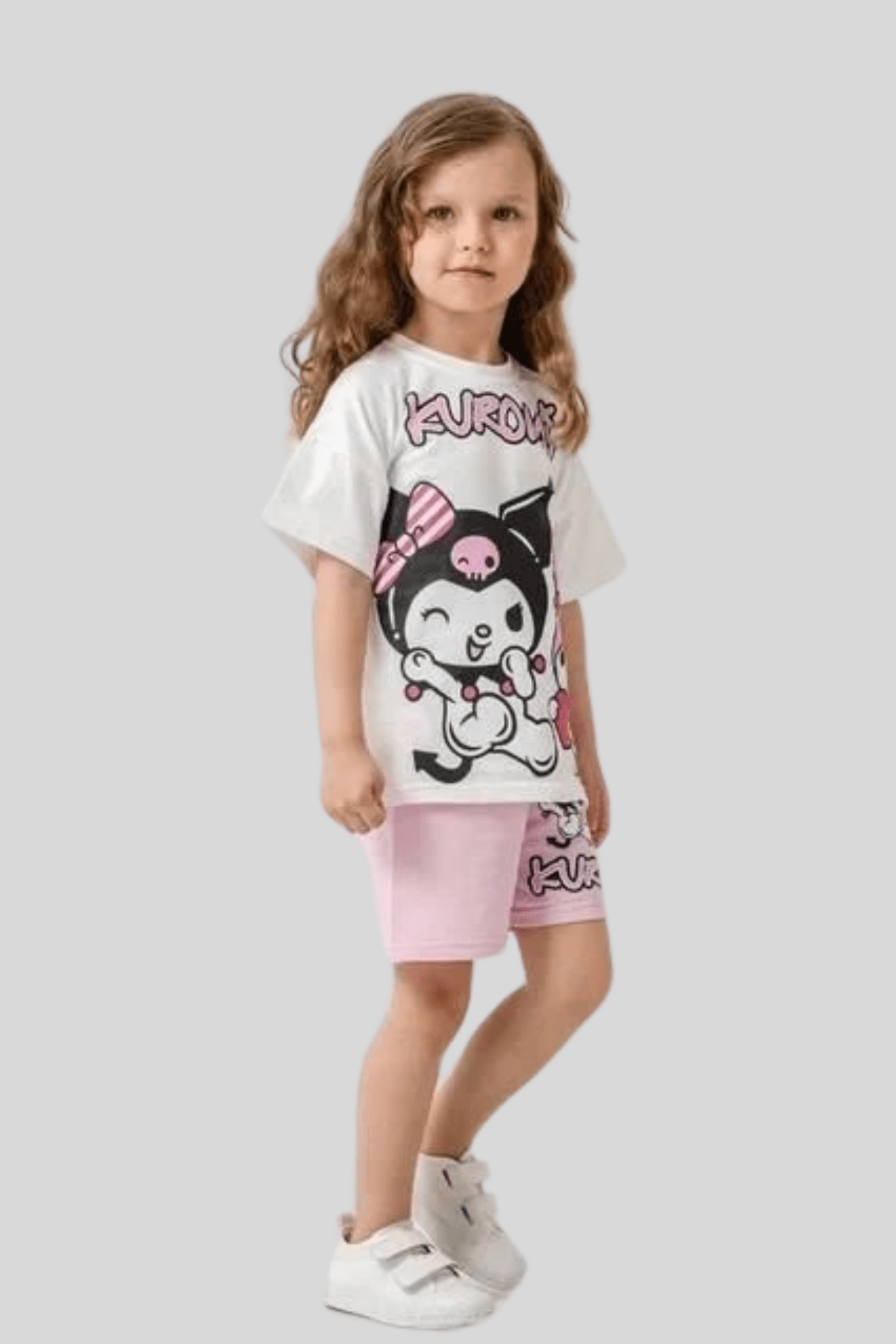 3-10 Yaş Baskılı Kuromi Şortlu Kız Çocuk Takım Pembe