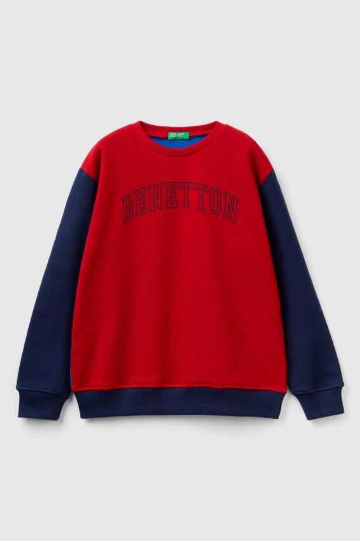 6-14 Yaş Benetton Yuvarlak Yaka Uzun Kol Erkek Çocuk Sweatshirt Kırmızı