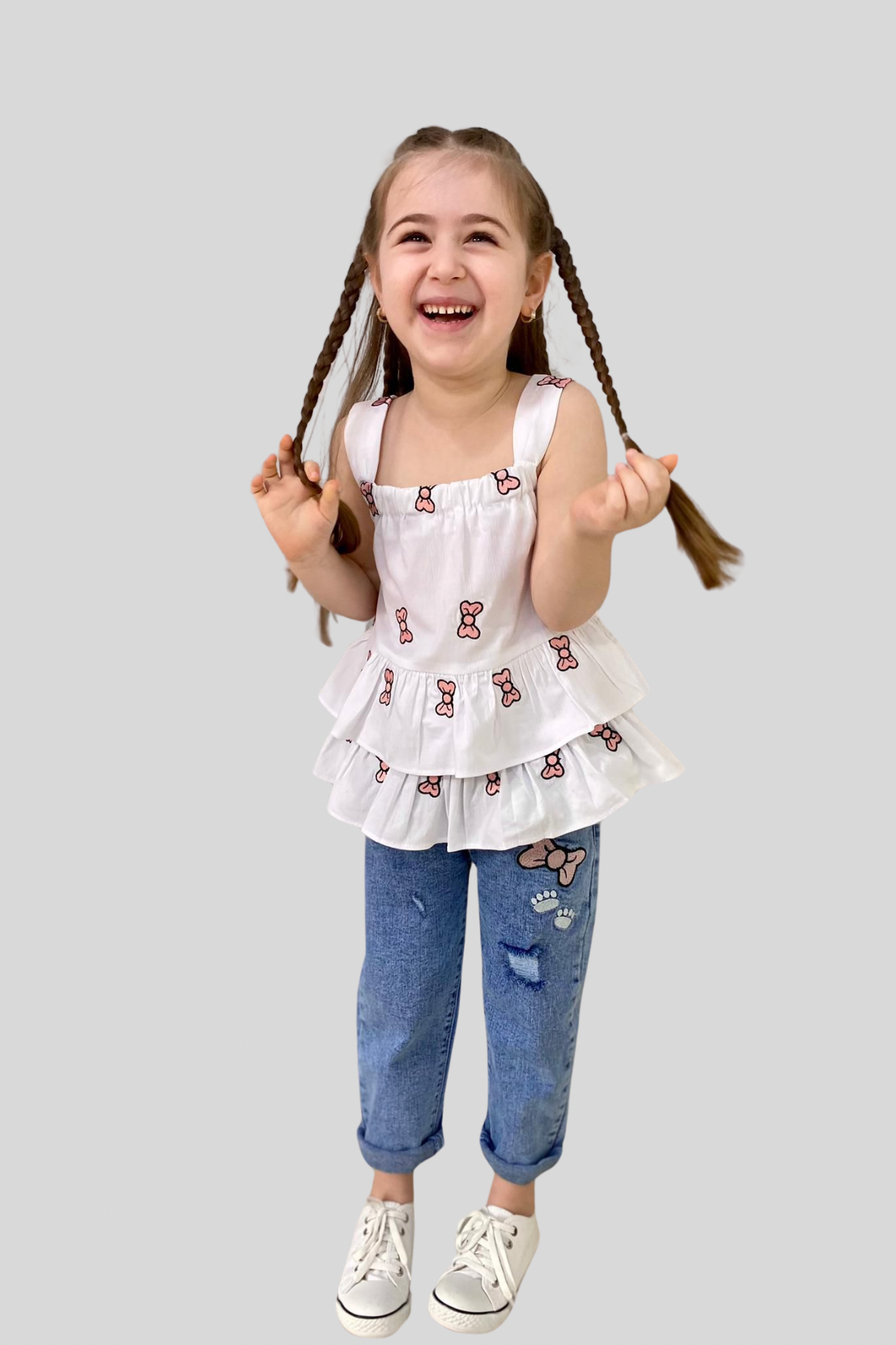 3-10 Yaş Fiyonk Detay Bluz ve Kot Pantolon Seti