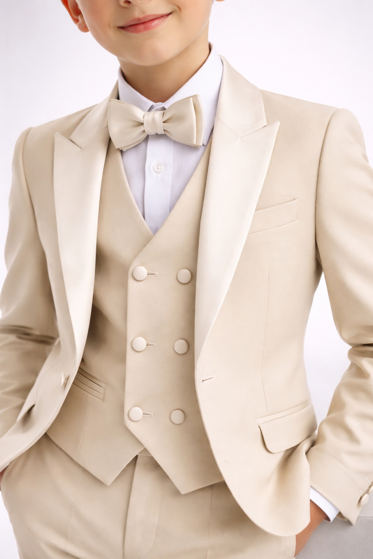 3-14 Yaş Saten Yaka Erkek Çocuk Takım Elbise Mezuniyet Bej