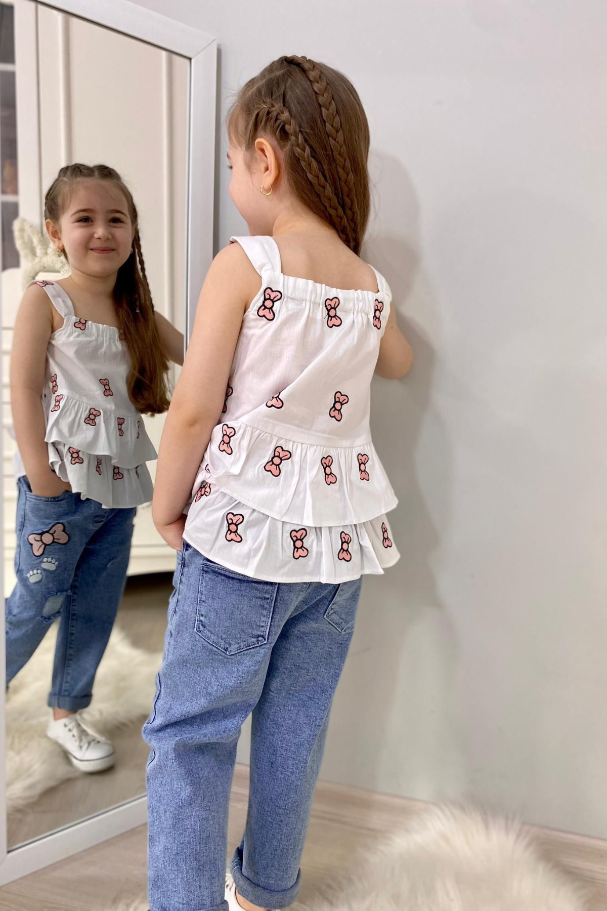 3-10 Yaş Fiyonk Detay Bluz ve Kot Pantolon Seti