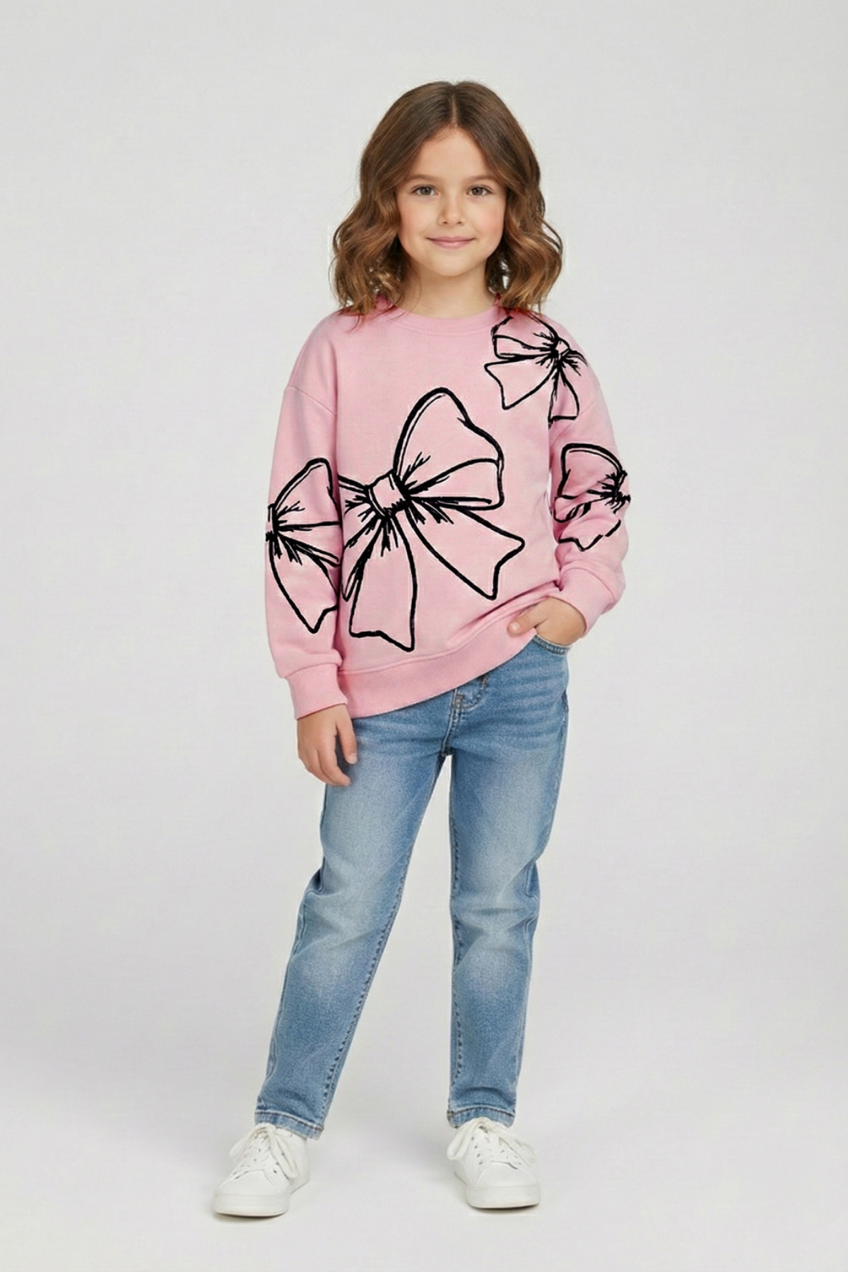 4-9 Yaş Büyük Fiyonklu Baskılı Kız Çocuk Sweat Pembe
