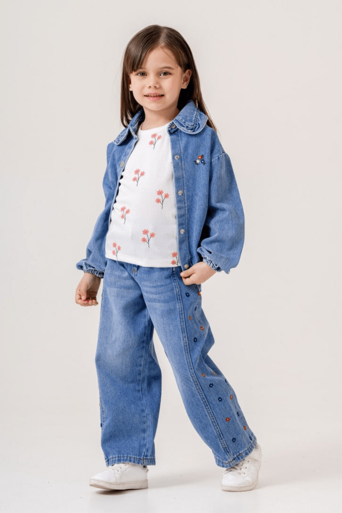 4-8 Yaş Nakış Çiçek İşlemeli 3lü Kız Çocuk Kot Takım Mavi